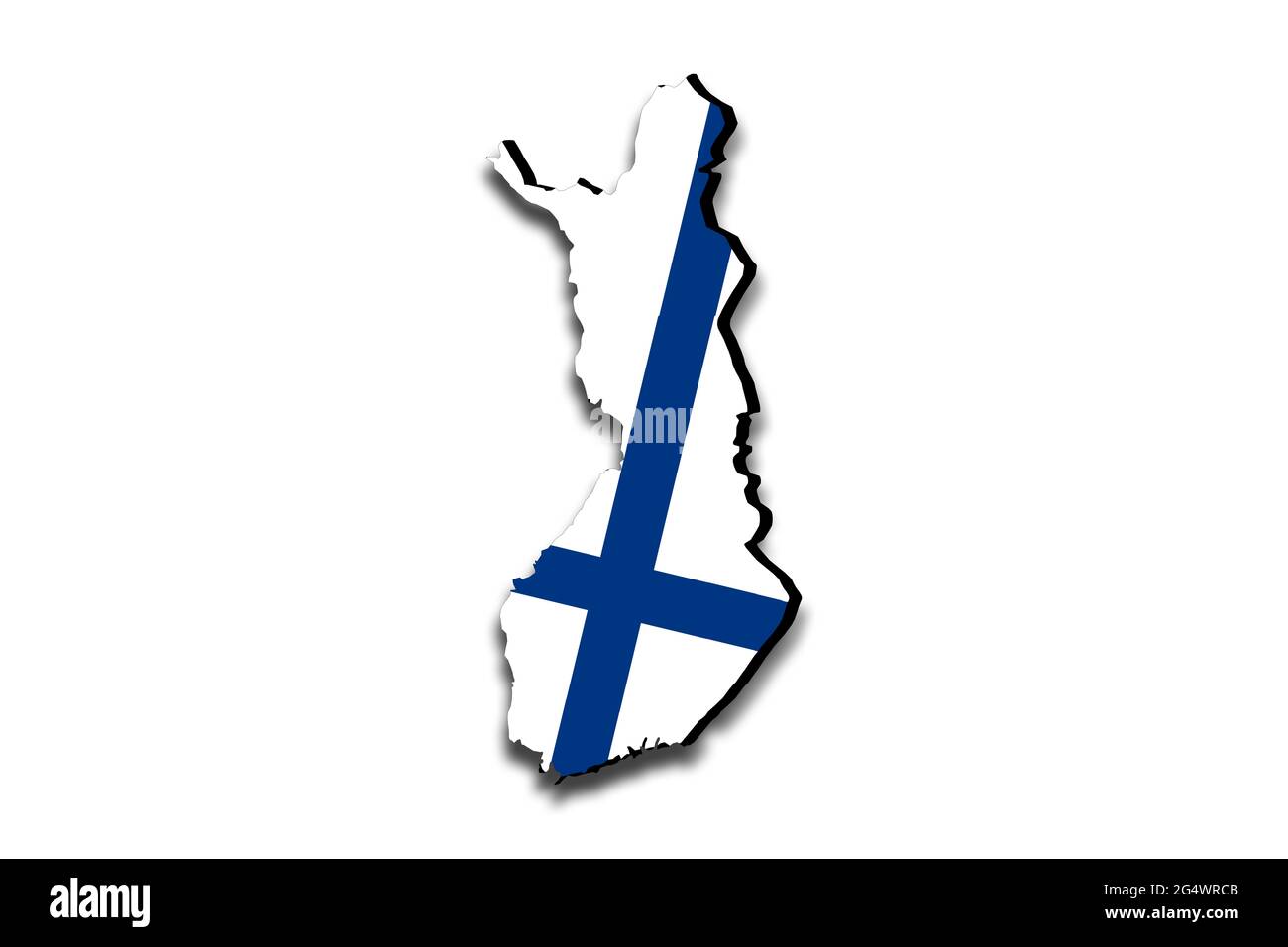 Outline map of Finland with the national flag superimposed over the country. 3D graphics casting a shadow on the white background Stock Photo