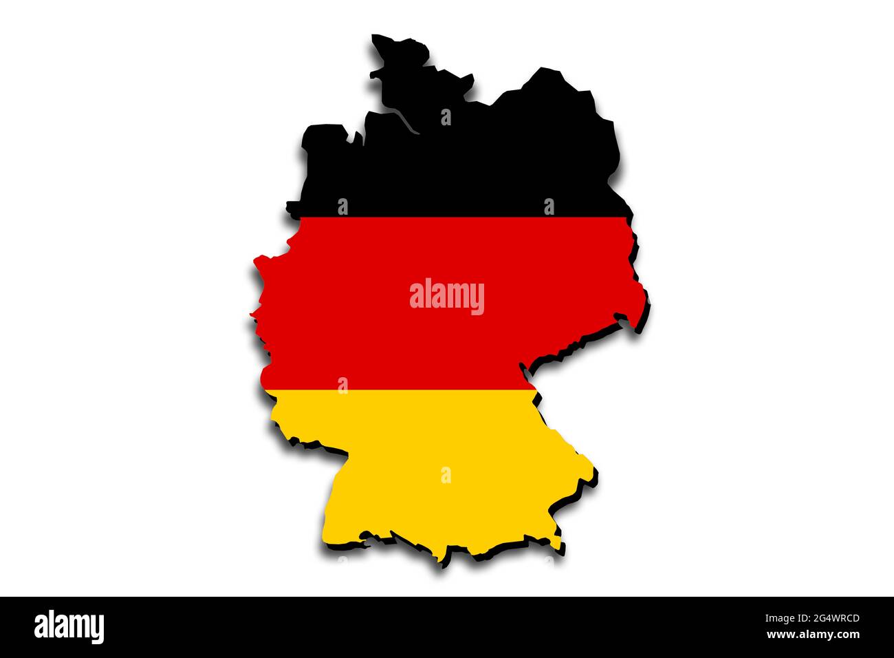 Outline map of Germany with the national flag superimposed over the country. 3D graphics casting a shadow on the white background Stock Photo