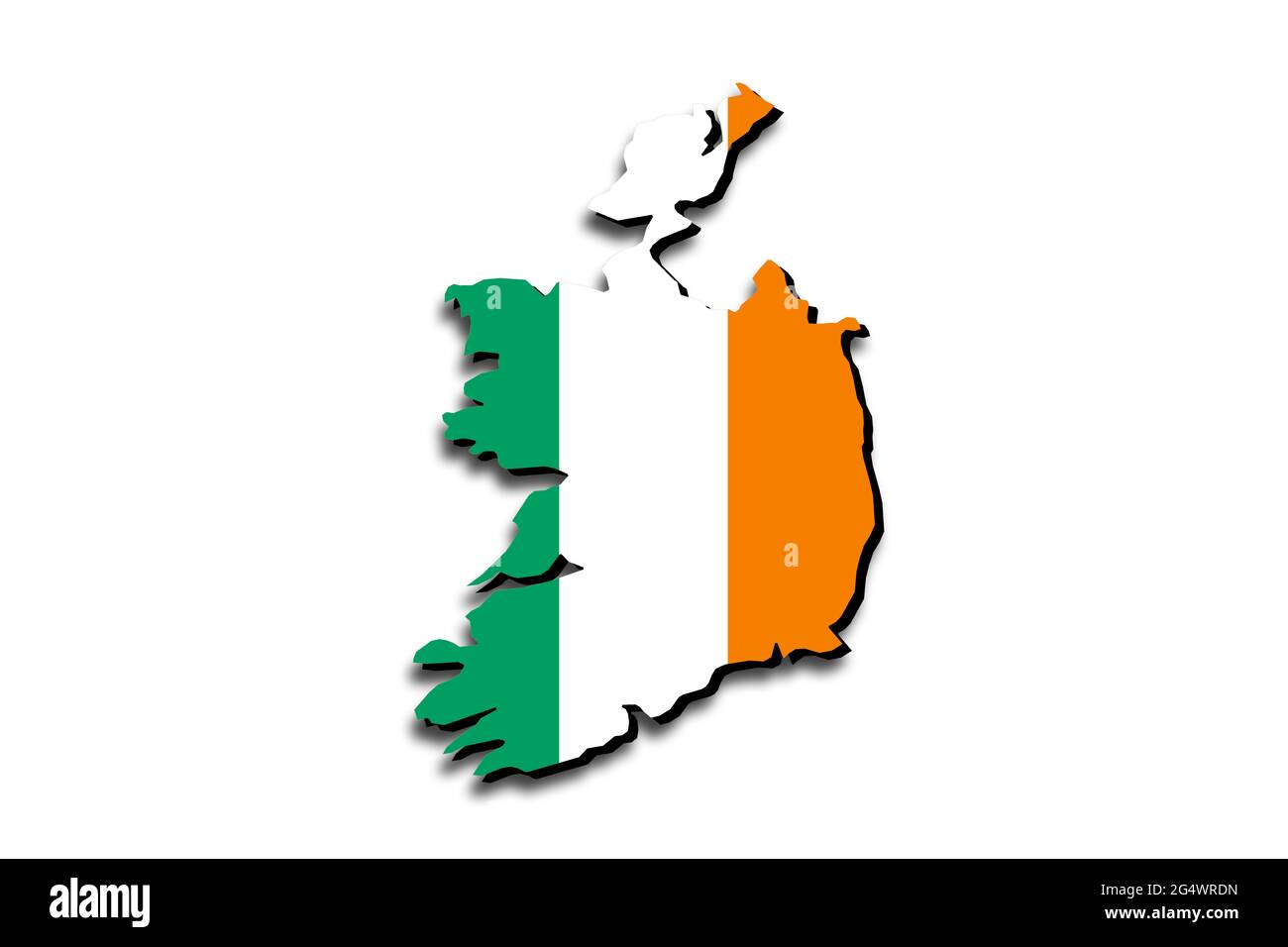 Outline map of Ireland with the national flag superimposed over the country. 3D graphics casting a shadow on the white background Stock Photo