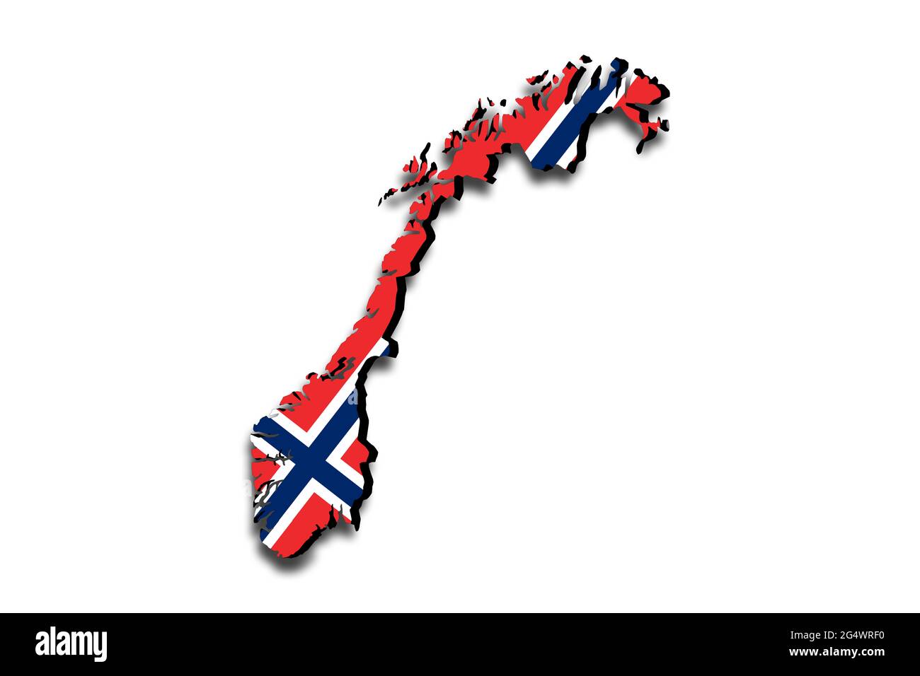 Outline map of Norway with the national flag superimposed over the country. 3D graphics casting a shadow on the white background Stock Photo
