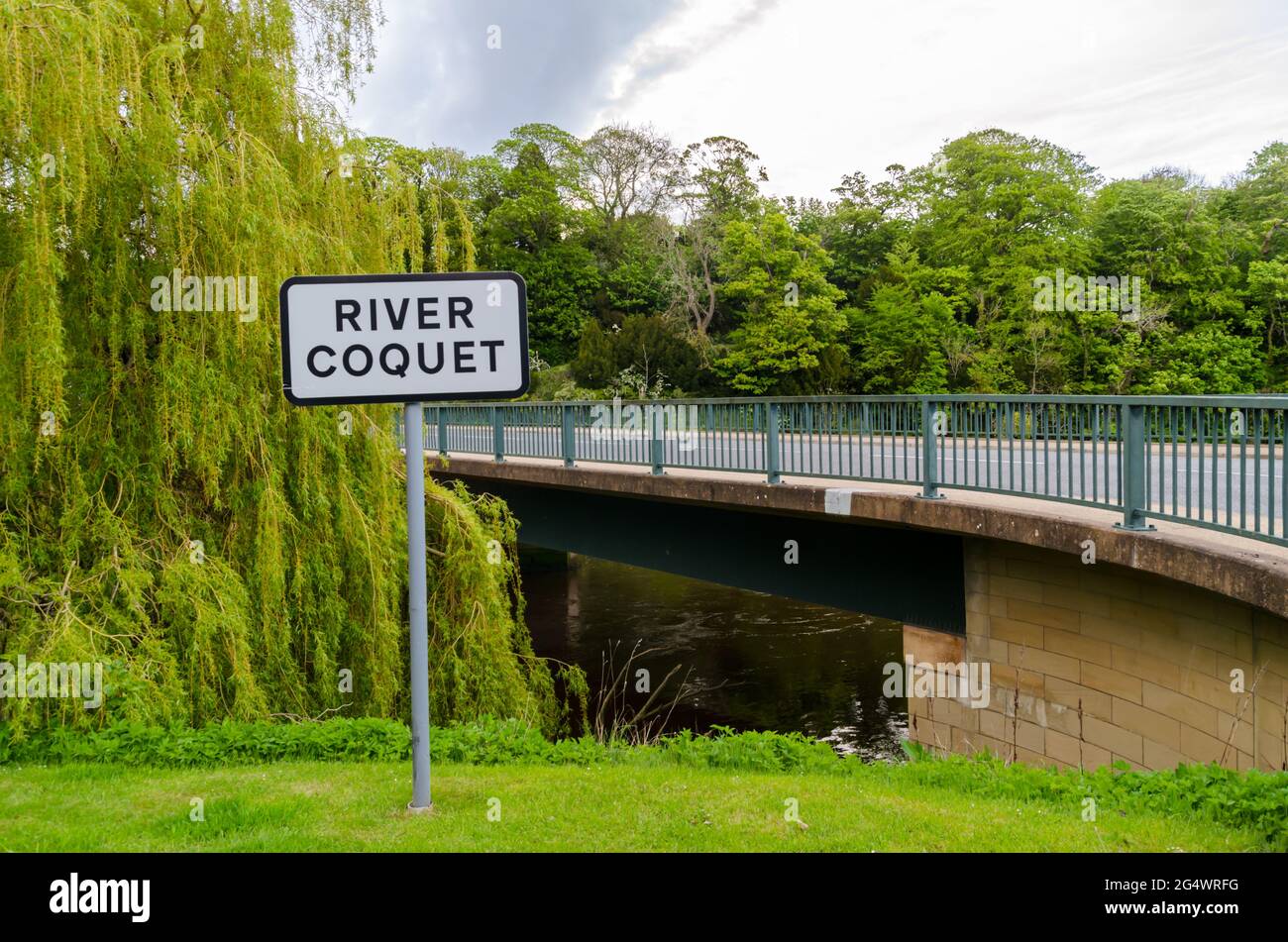 Signpost for the 'River Coquet' at Warkworth, Northumberland Stock Photo