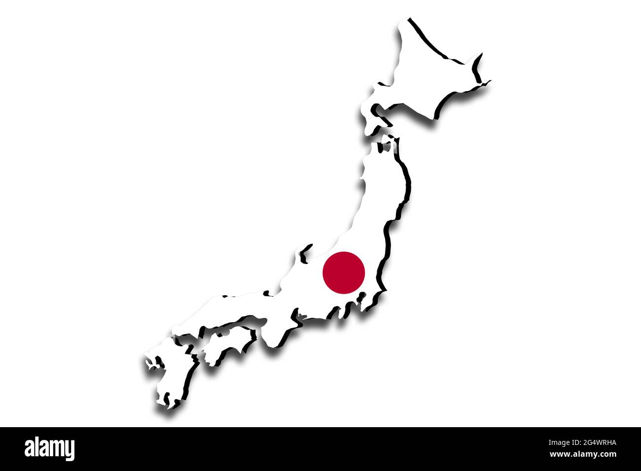 Outline map of Japan with the national flag superimposed over the country. 3D graphics casting a shadow on the white background Stock Photo