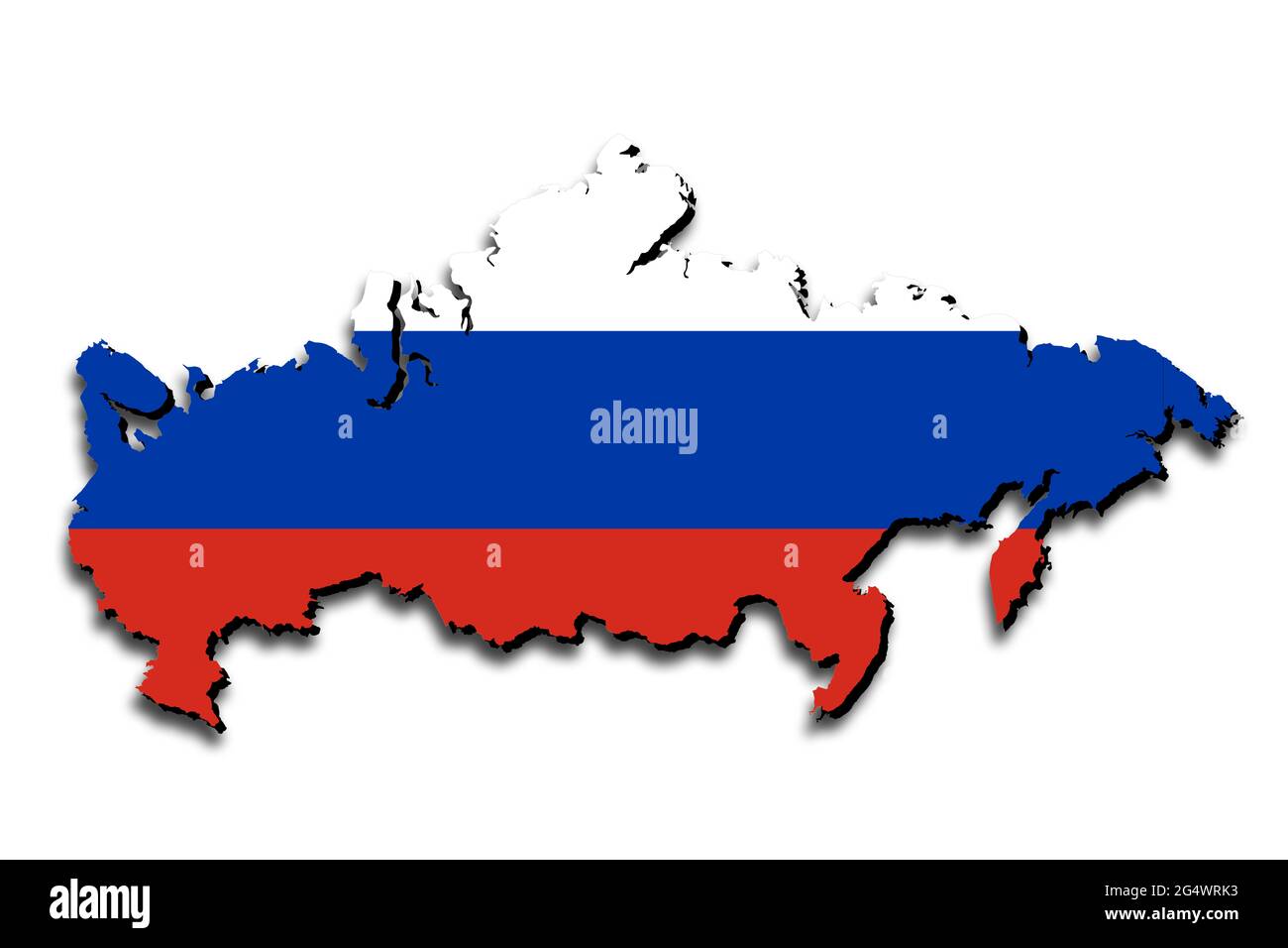Outline map of Russia with the national flag superimposed over the country. 3D graphics casting a shadow on the white background Stock Photo