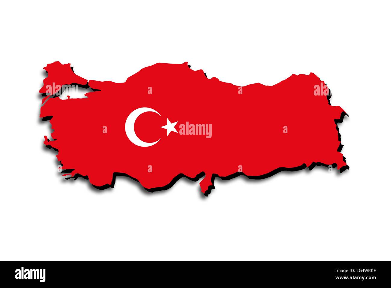Outline map of Turkey with the national flag superimposed over the country. 3D graphics casting a shadow on the white background Stock Photo