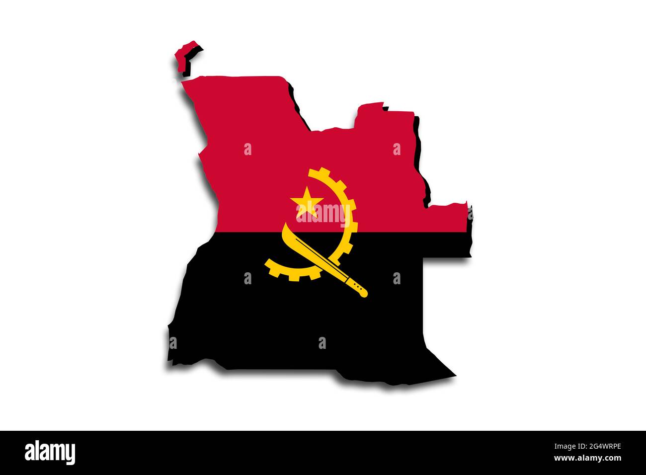 Outline map of Angola with the national flag superimposed over the country. 3D graphics casting a shadow on the white background Stock Photo