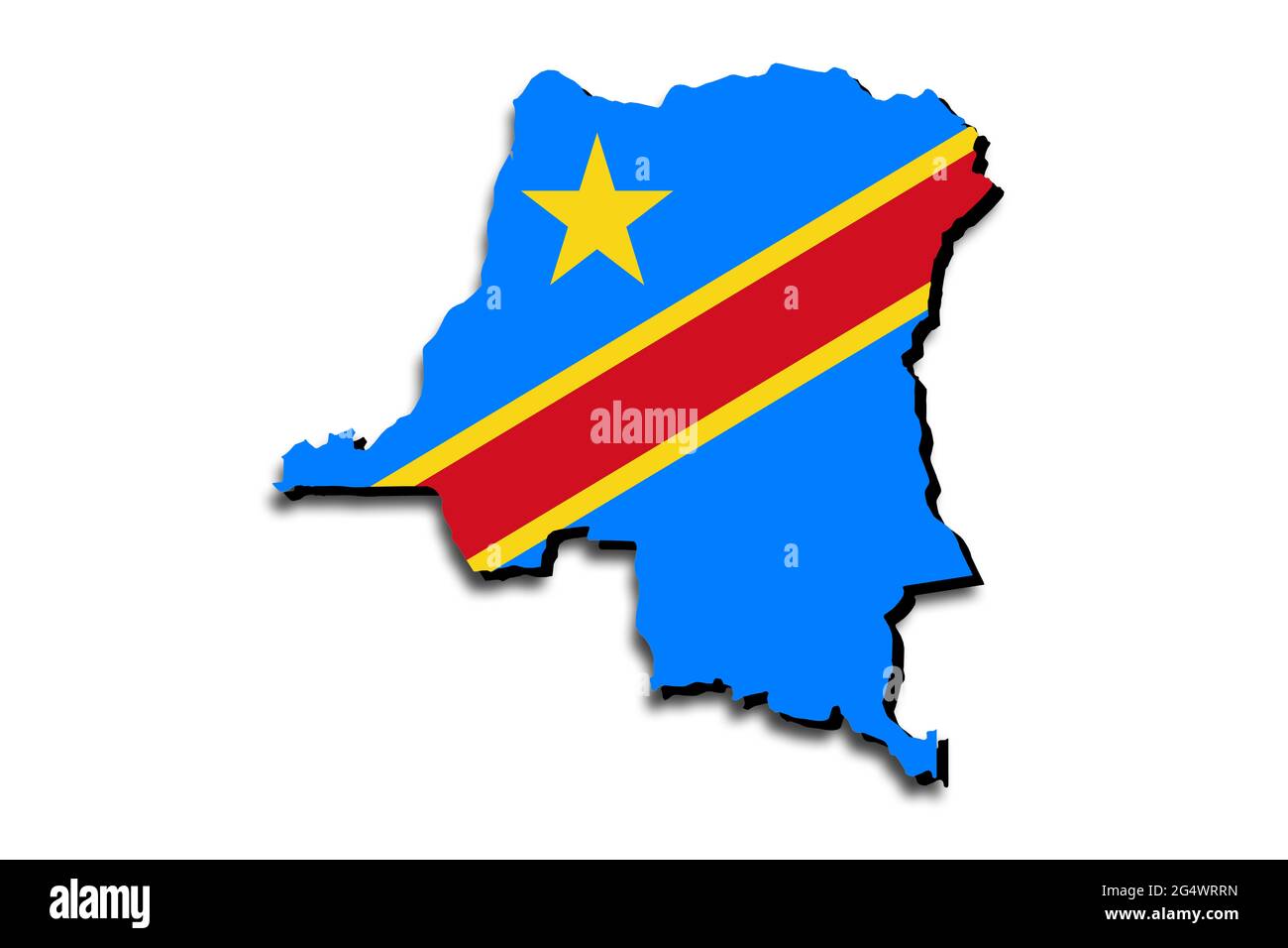 Outline map of Democratic Republic of Congo with the national flag superimposed over the country. 3D graphics casting a shadow on the white background Stock Photo