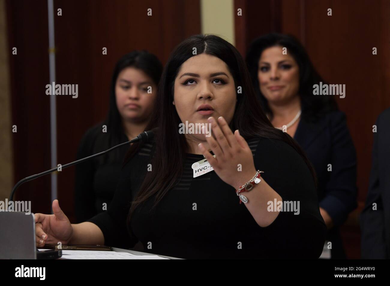 Washington, United States. 23rd June, 2021. Vanessa's sister Mayra Guillen(center) and her mother Lupe Guillen(left) speaks during a press conference about Vanessa Guillen Military Justice Improvement and Increasing Prevention Act at HVC/Capitol Hill in Washington DC, USA. Credit: SOPA Images Limited/Alamy Live News Stock Photo