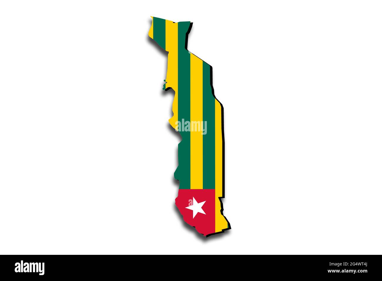 Outline map of Togo with the national flag superimposed over the country. 3D graphics casting a shadow on the white background Stock Photo