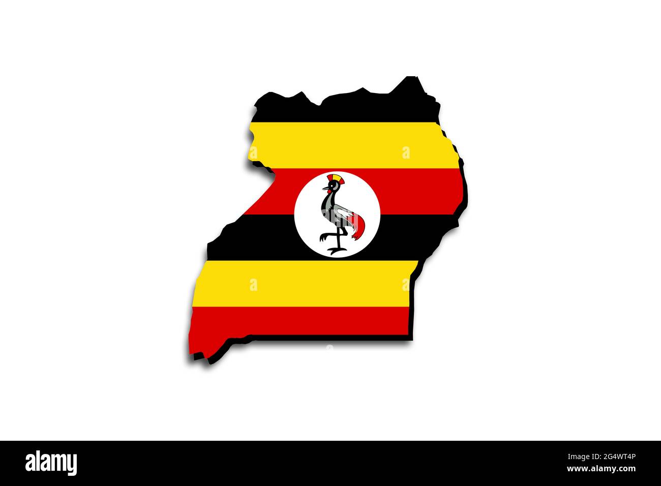 Outline map of Uganda with the national flag superimposed over the country. 3D graphics casting a shadow on the white background Stock Photo