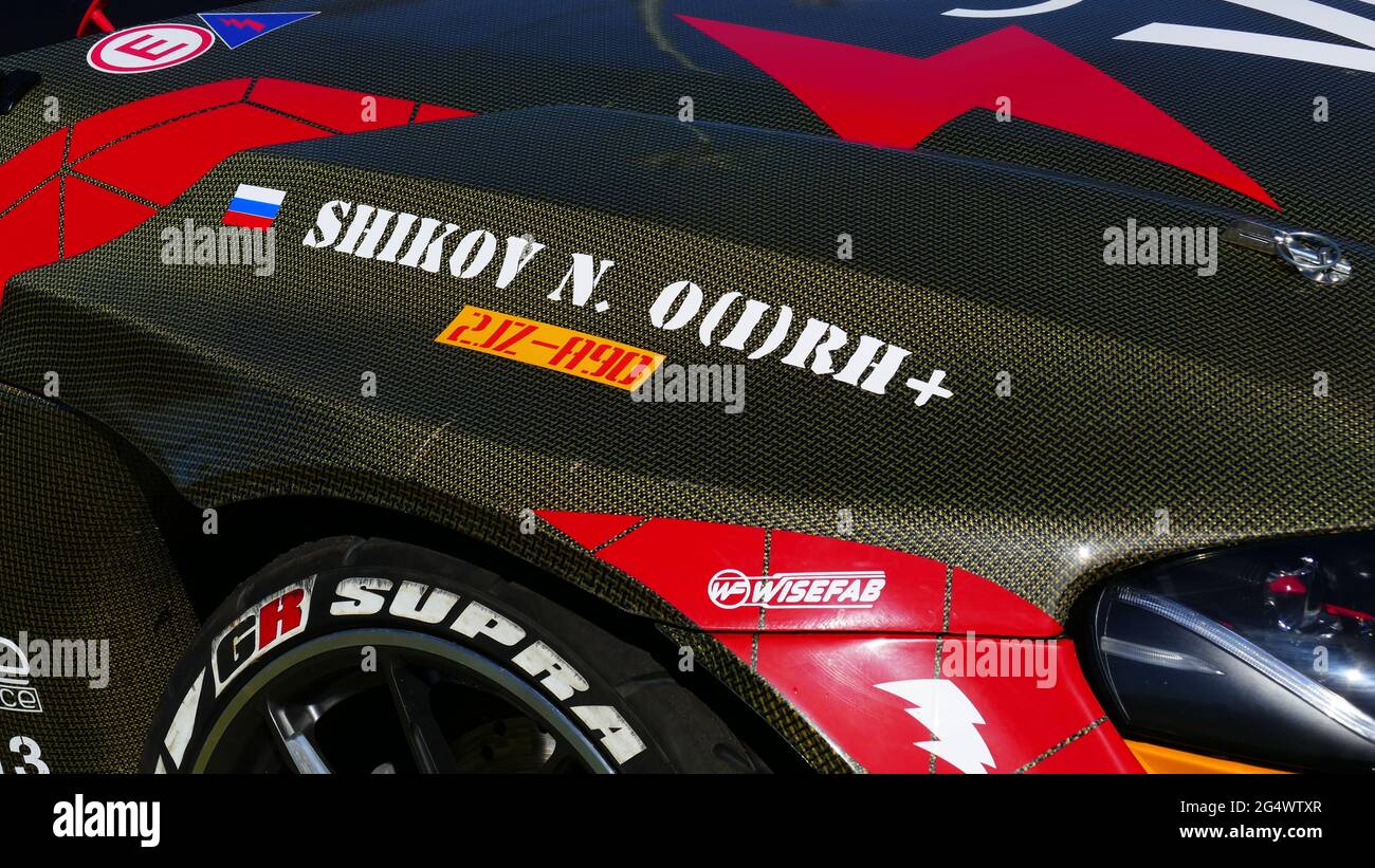 Nikita Shikov, the leader of russian drift series, modern Carbon drift car. JUN 18 2021 MOSCOW RUSSIA Stock Photo