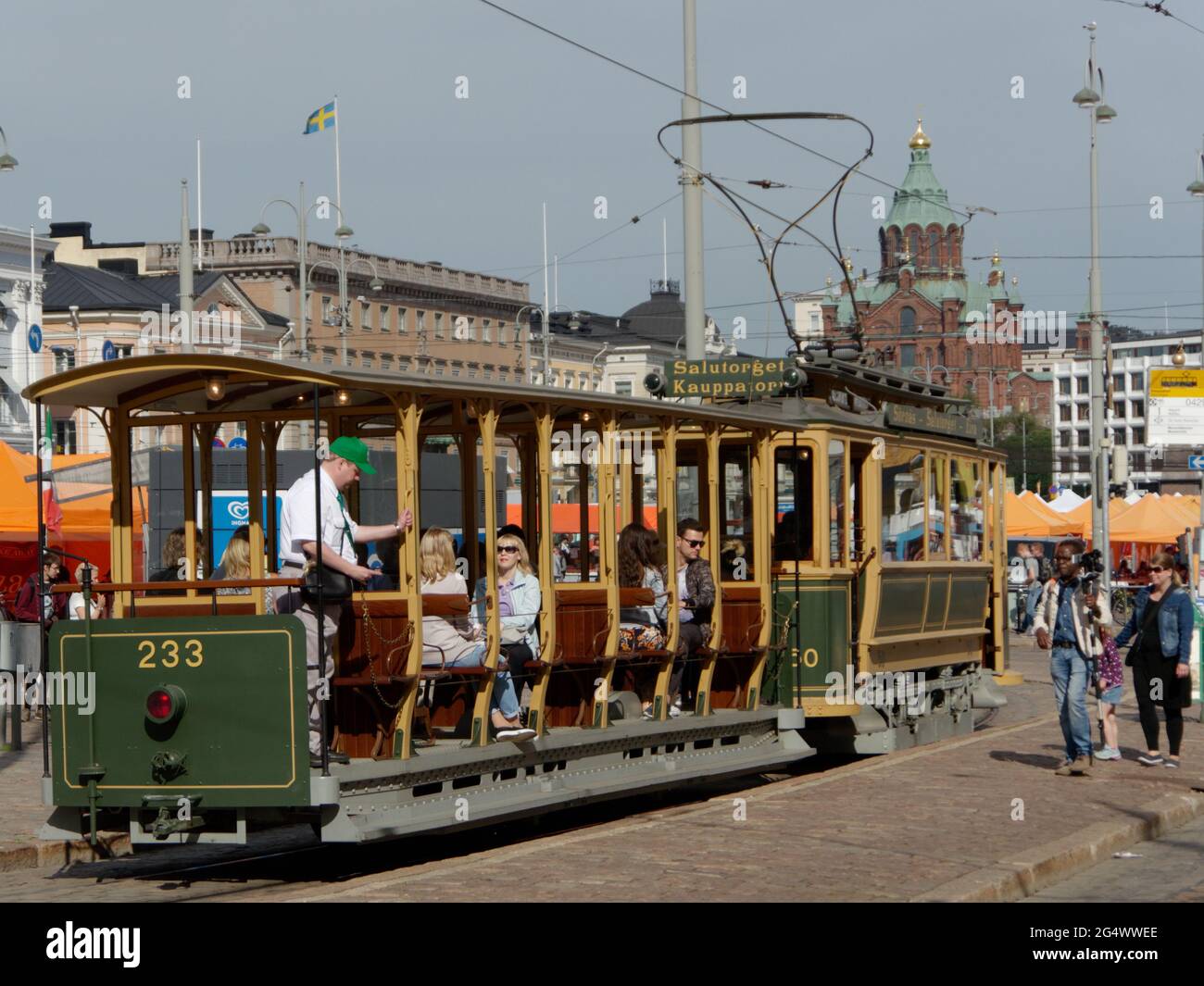 Retro tram on Kauppatori, the Market square in Helsinki, Finland Stock Photo