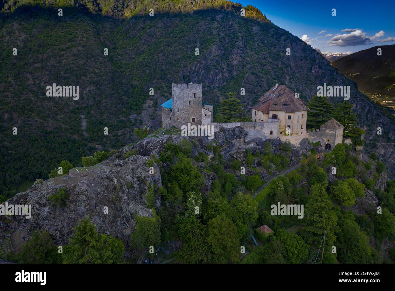 A panoramic view of  Castelbello Ciardes, castle Juval, Italy, Trentino-Suedtirol, Kastelbell Stock Photo