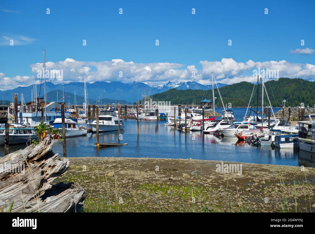Marina with boats and sailboats in Gibsons, British Columbia, Canada Stock Photo