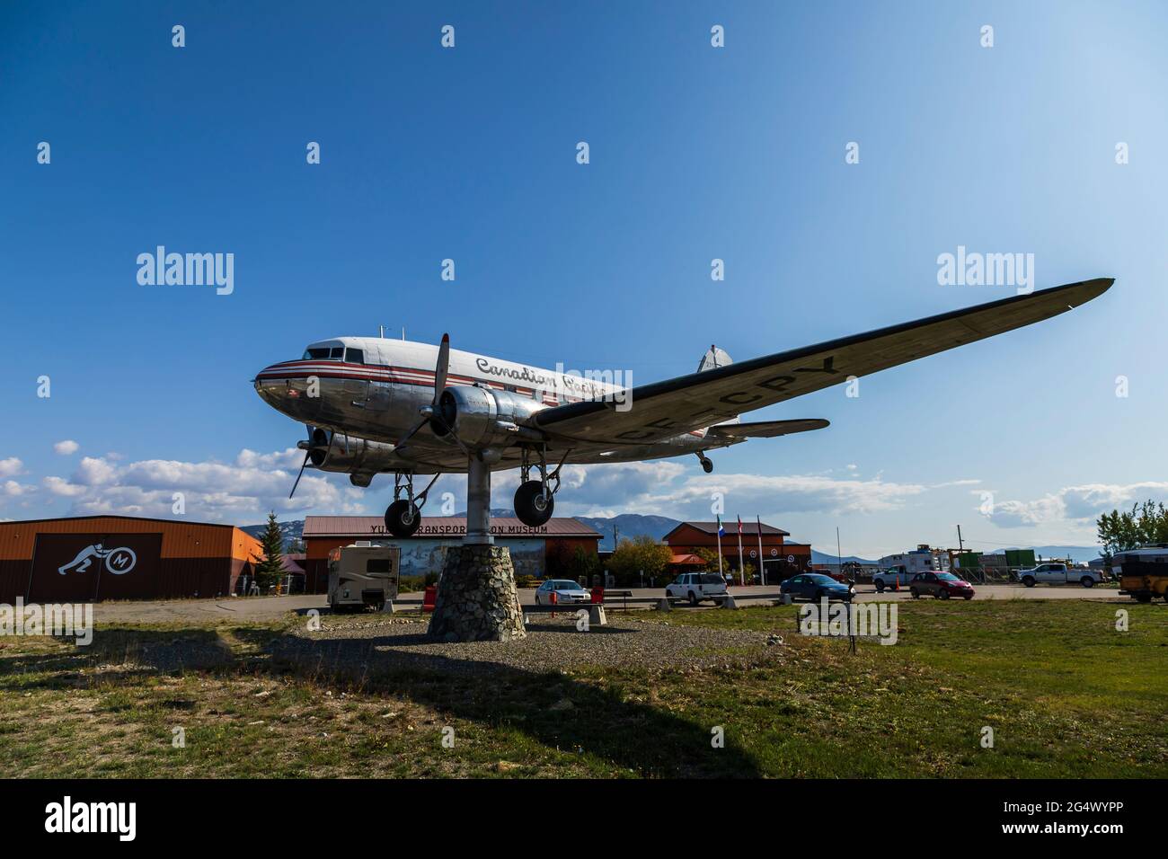 Douglas DC-3 weathervane, located in front of the Transportation Museum Whitehorse, Yukon, Canada Stock Photo