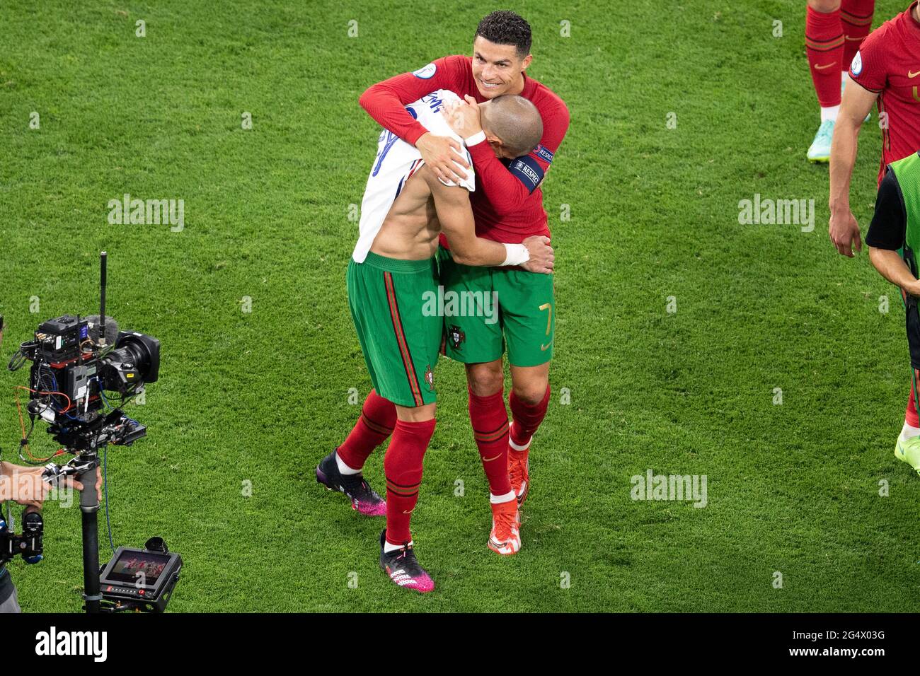 Cristiano Ronaldo and Pepe of Portugal at the end of the UEFA Euro 2020  Championship Group F match between France and Portugal at at Puskas Arena,  on June 23, 2021 in Budapest,