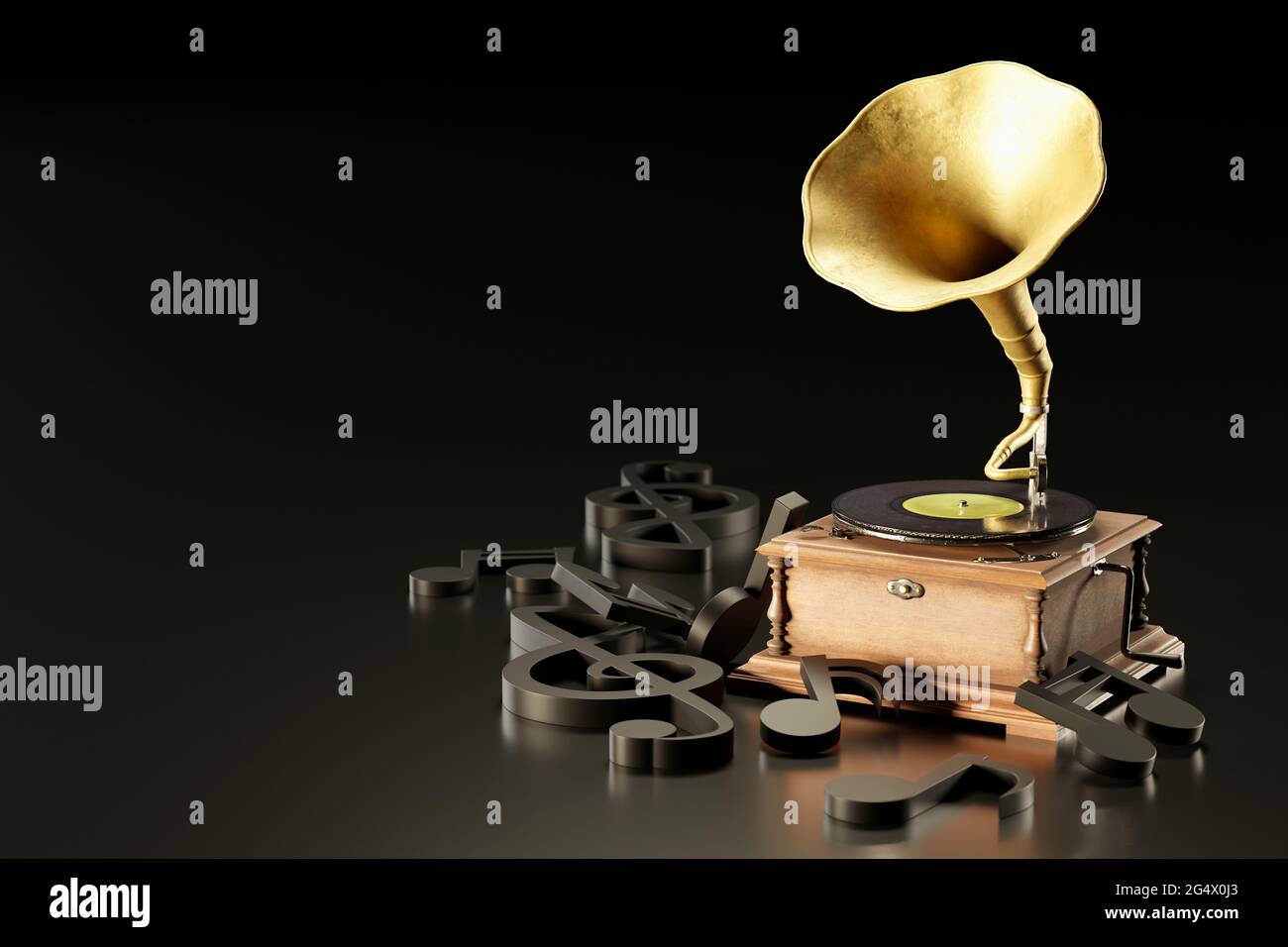 Old antique Gramophone or Phonograph and black music notes in dark black background. It's a popular mythical music player. It works by wind up. The co Stock Photo
