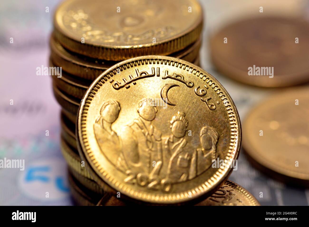 A slogan of Egypt’s Medical Staff 2020 on the obverse of Egyptian 50 piasters coin In appreciation of the Egyptian medical staff efforts in saving liv Stock Photo
