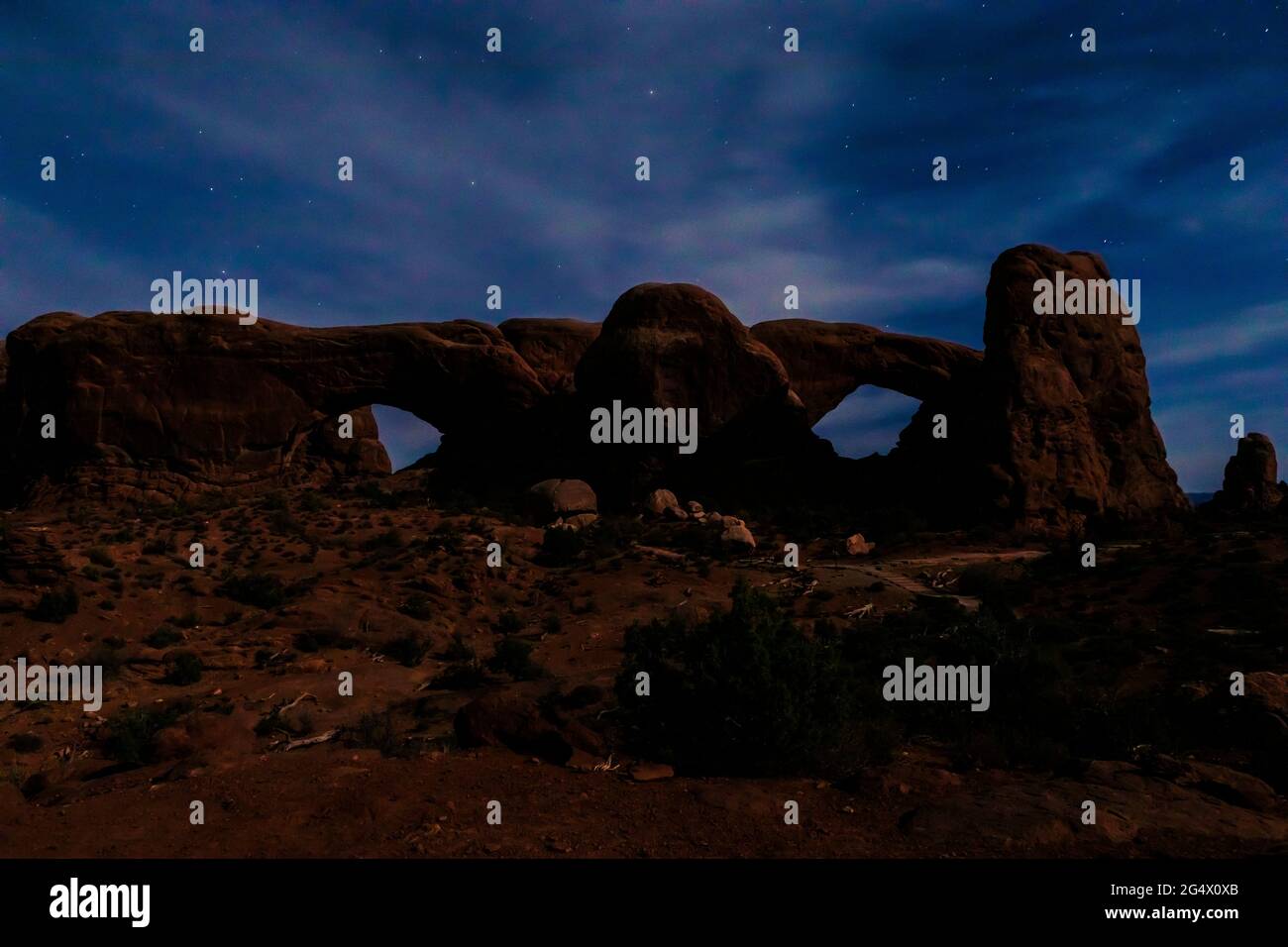 North and South Window rock formation at night in Arches National Park