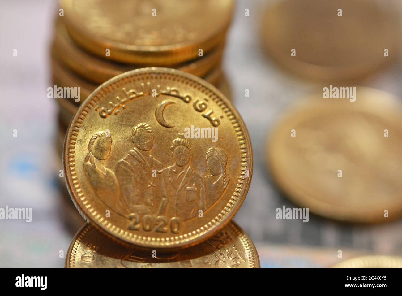 A slogan of Egypt’s Medical Staff 2020 on the obverse of Egyptian 50 piasters coin In appreciation of the Egyptian medical staff efforts in saving liv Stock Photo
