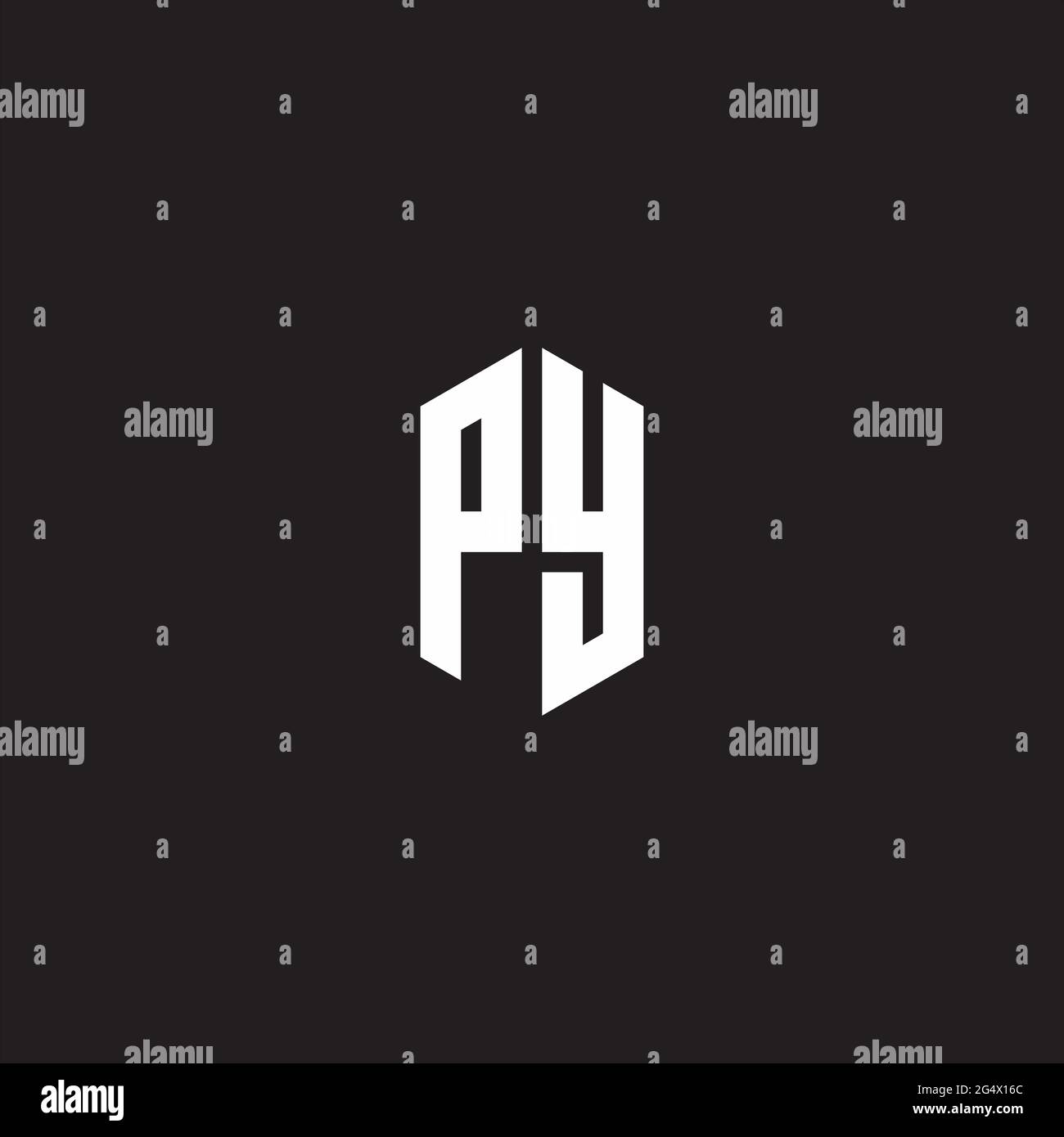 PY Logo monogram with hexagon shape style design template isolated on black background Stock Vector