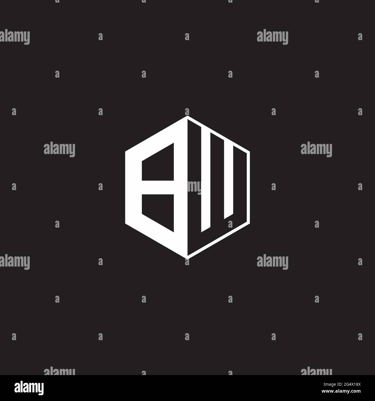 BW B W WB Logo monogram hexagon with black background negative space style Stock Vector