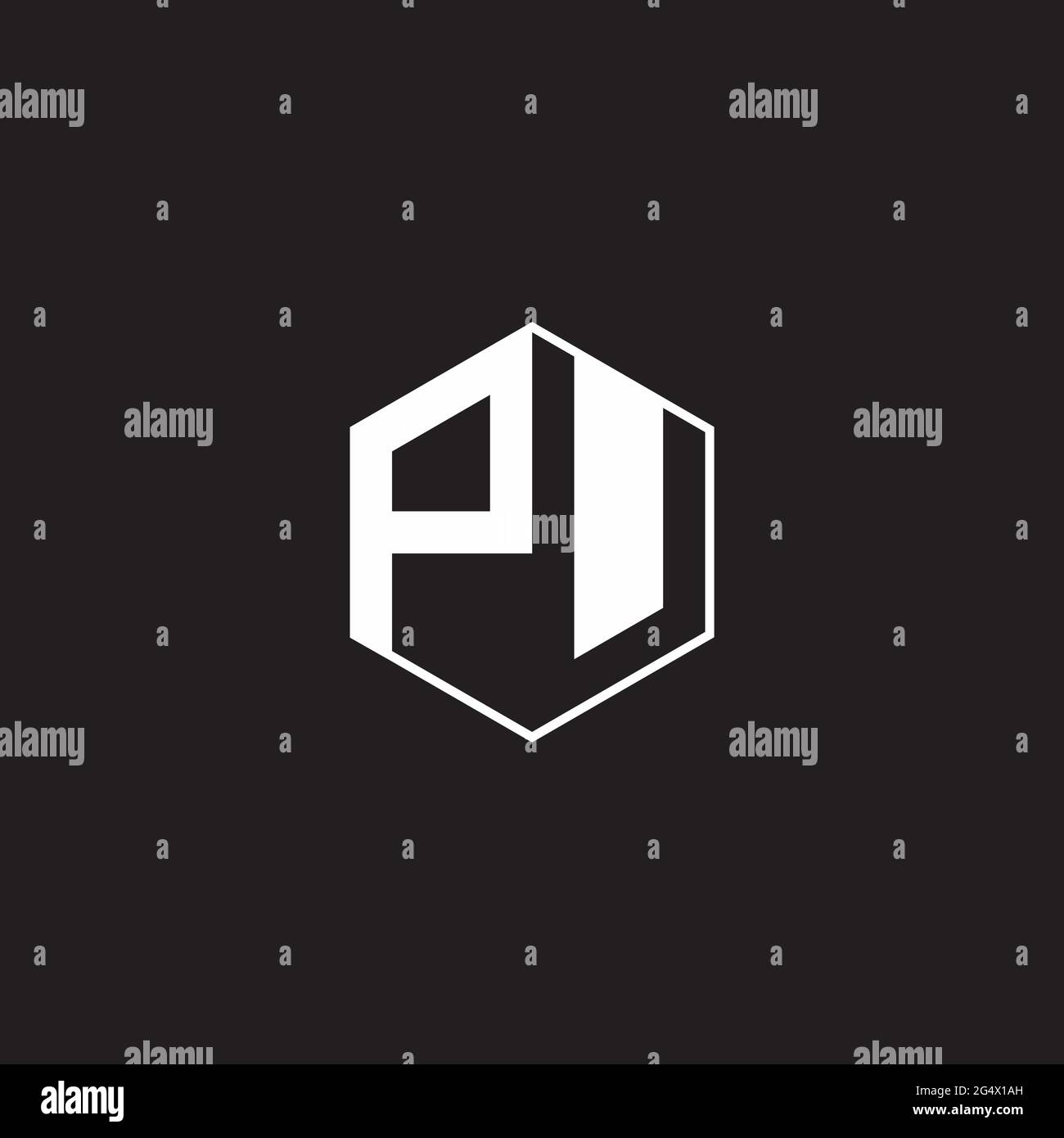 PU Logo monogram hexagon with black background negative space style Stock Vector