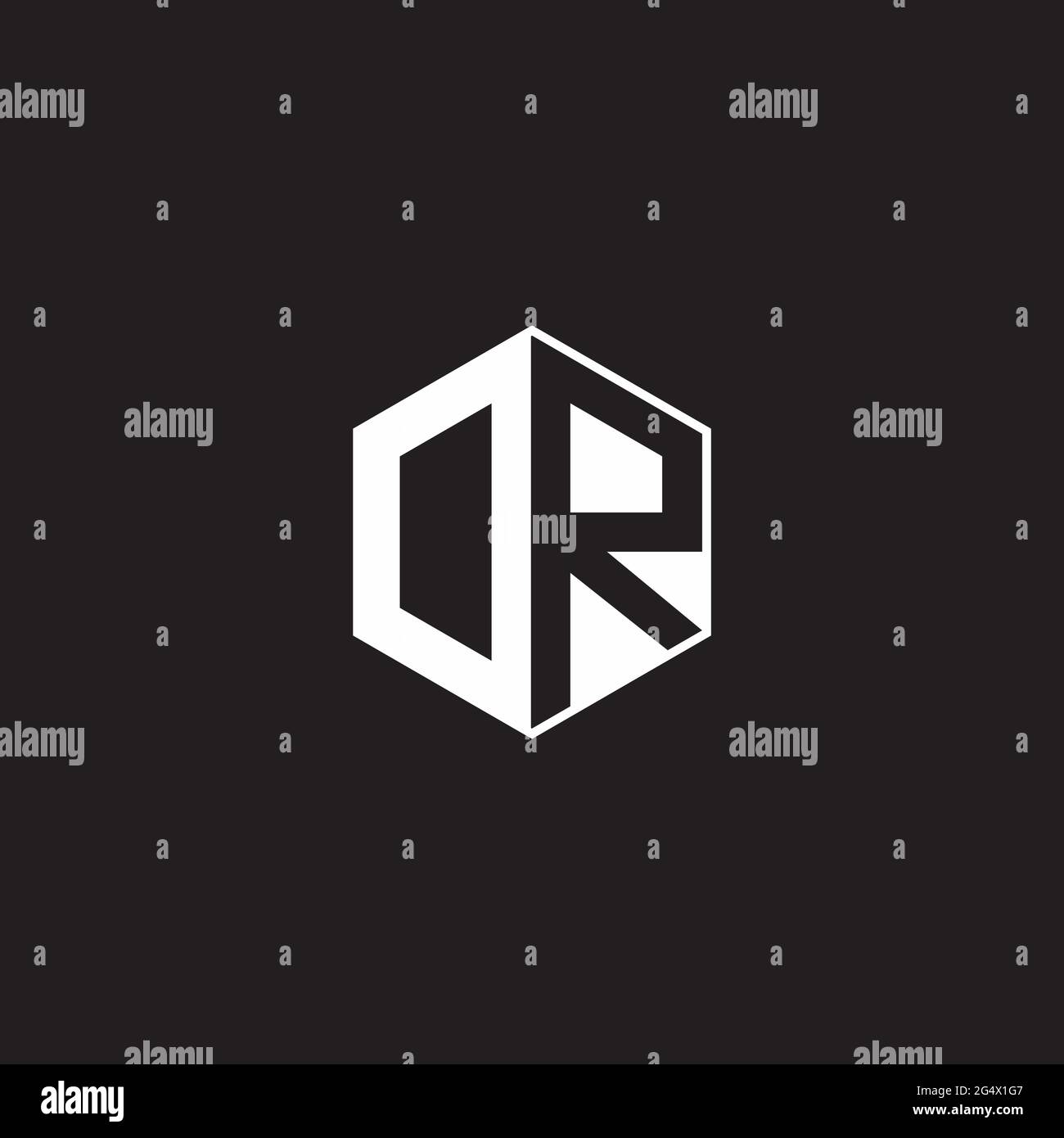 DR OR Logo monogram hexagon with black background negative space style Stock Vector