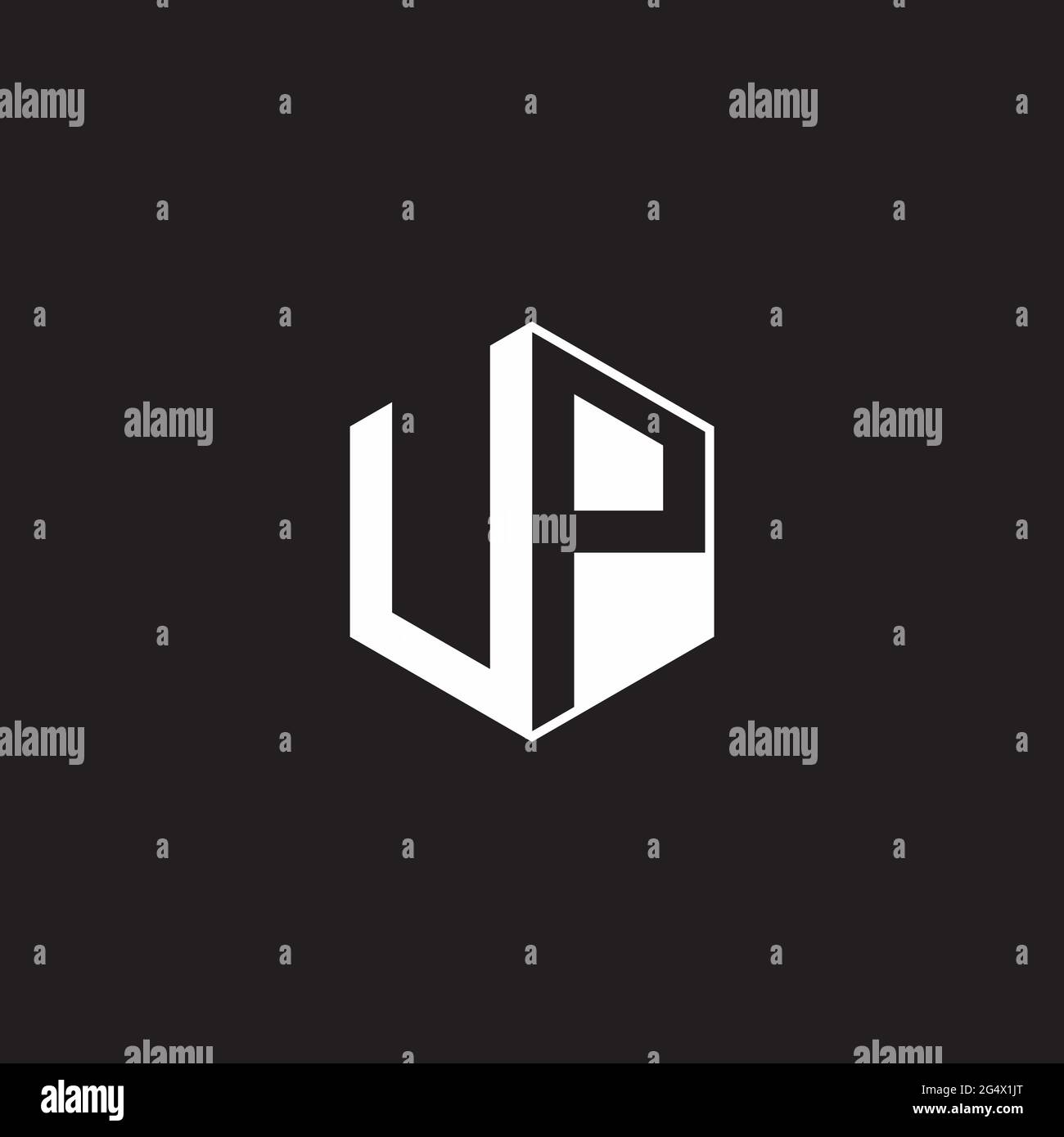 UP U P PU Logo monogram hexagon with black background negative space style Stock Vector