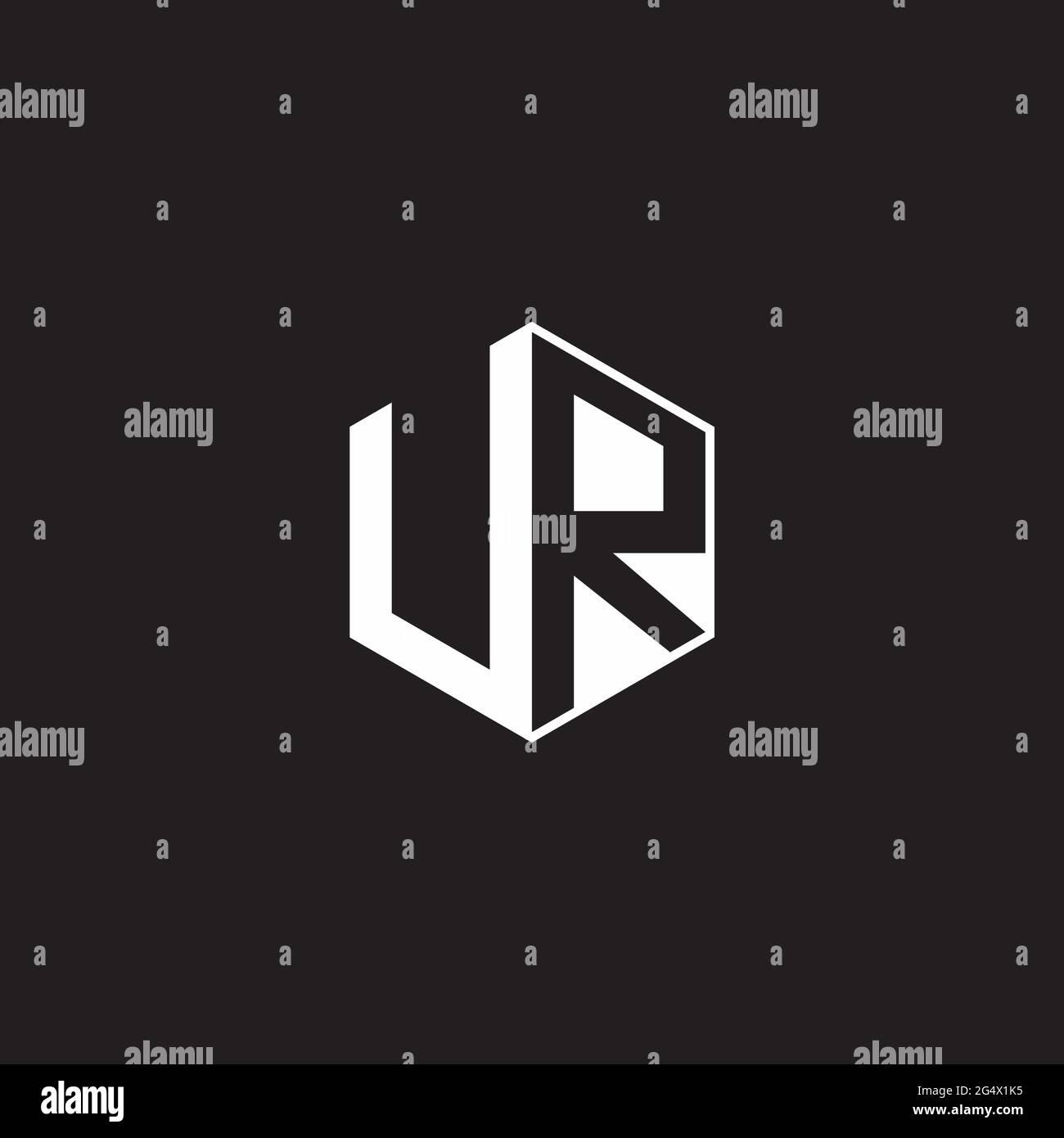 UR U R RU Logo monogram hexagon with black background negative space style Stock Vector