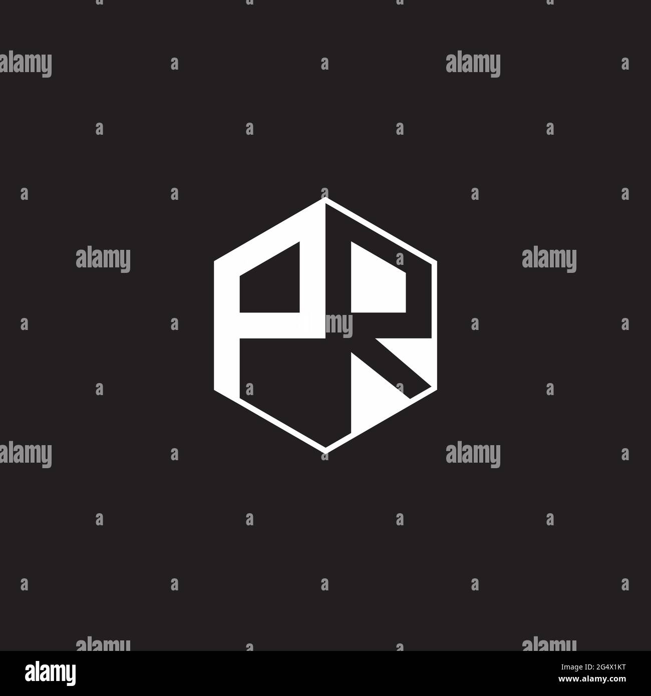 PR Logo monogram hexagon with black background negative space style Stock Vector