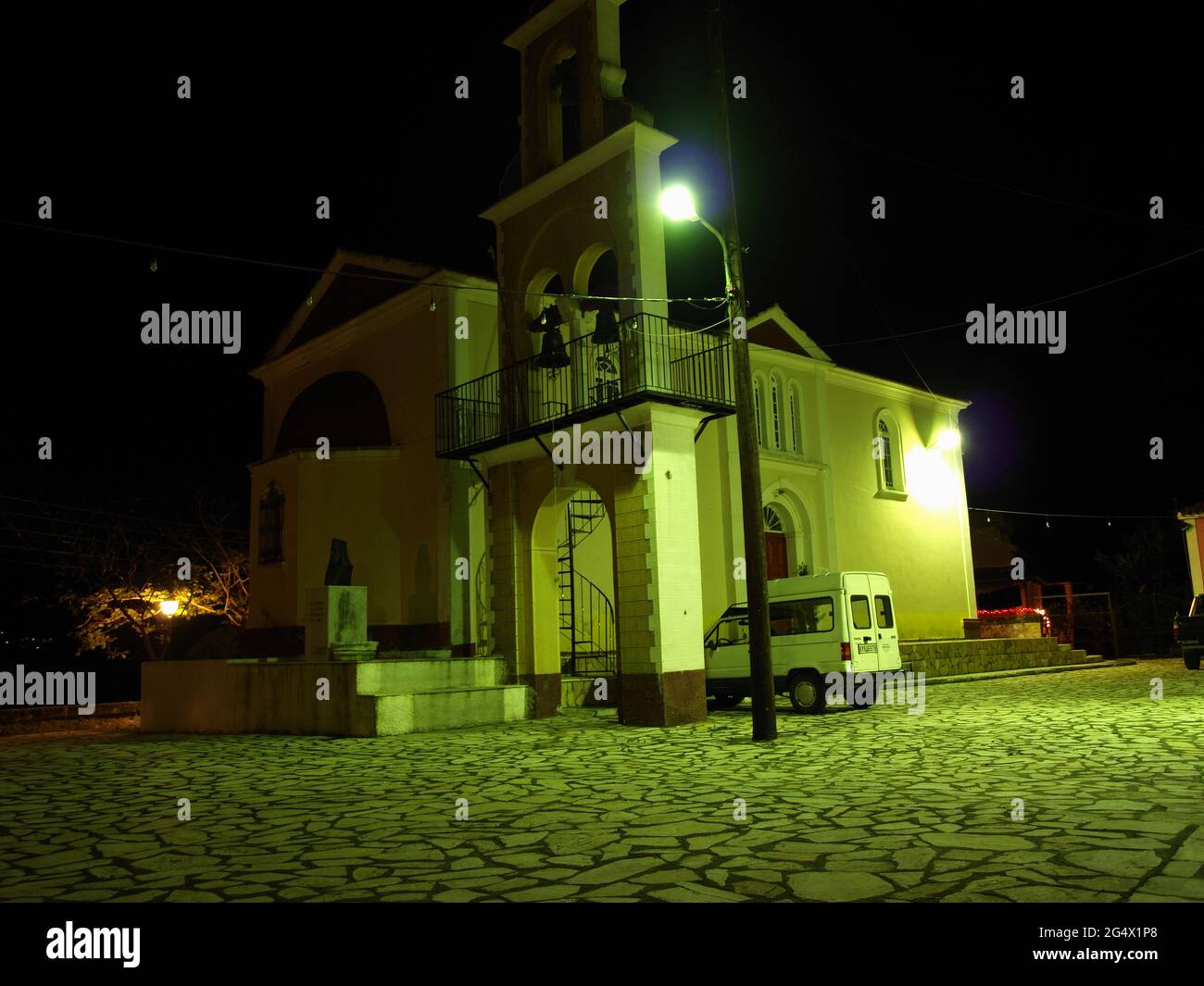 Church in Xanthates, Corfu, Greece at night time Stock Photo