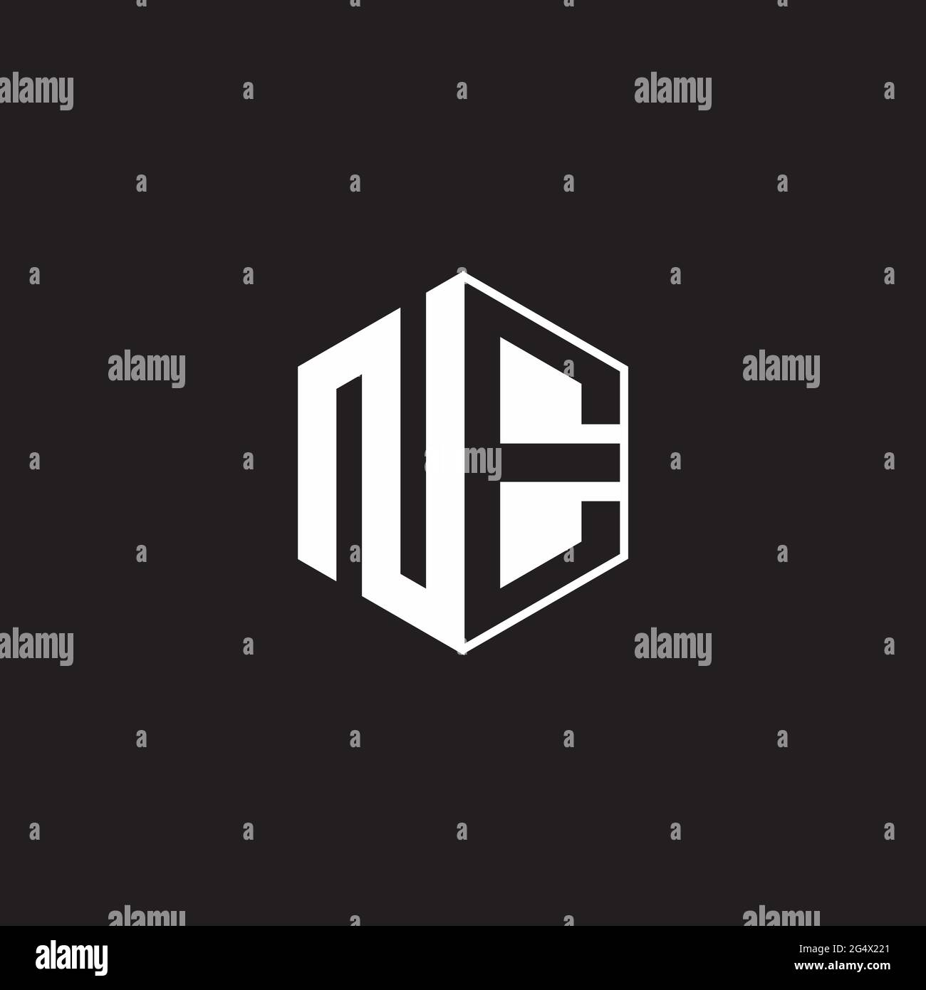NE N E EN Logo monogram hexagon with black background negative space style Stock Vector