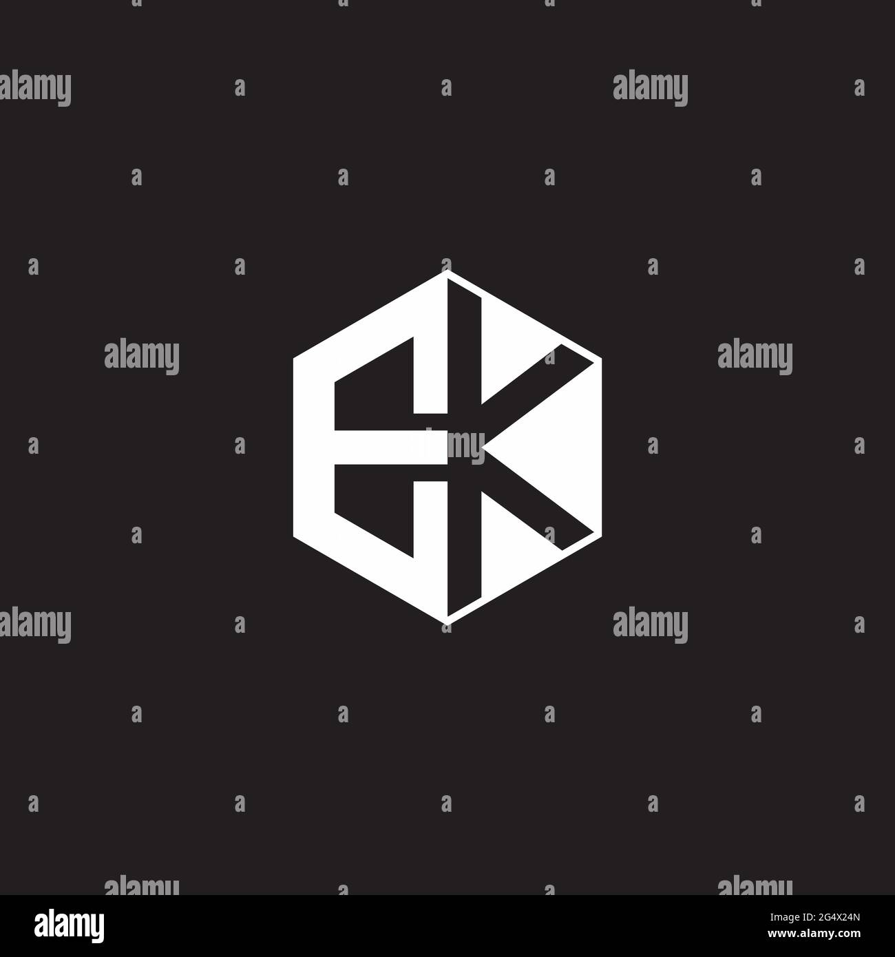 EK E K KE Logo monogram hexagon with black background negative space style Stock Vector
