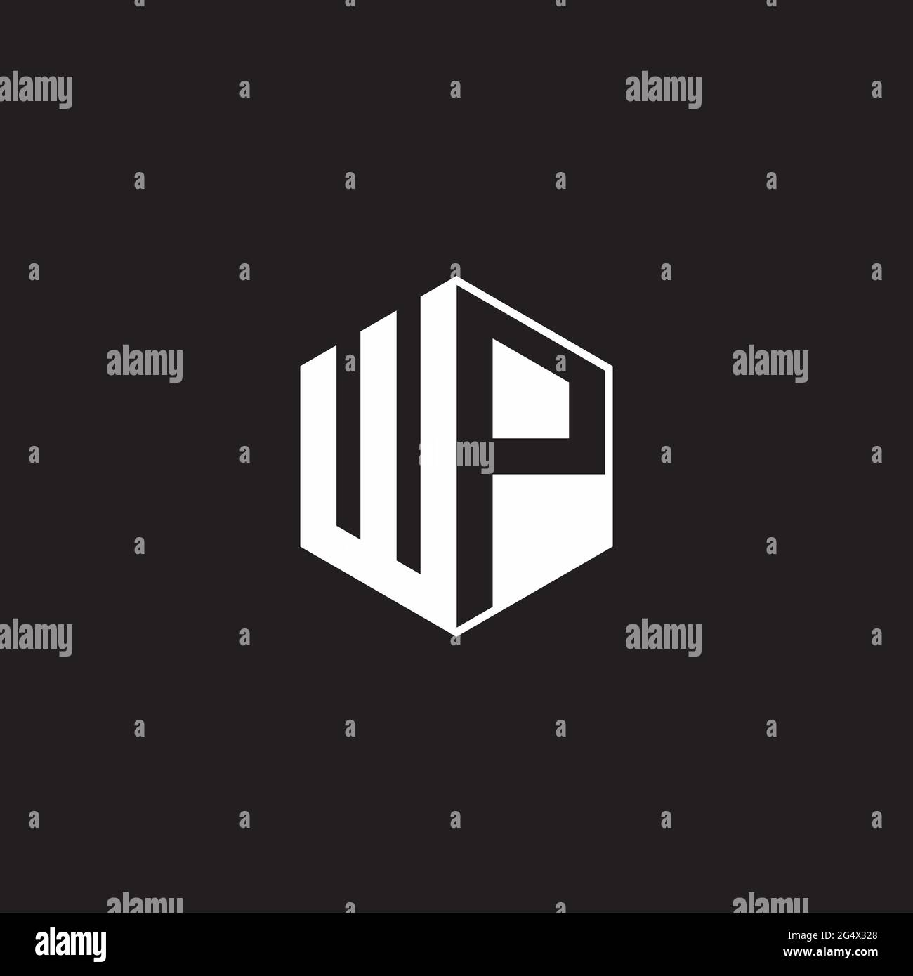 WP W P PW Logo monogram hexagon with black background negative space style Stock Vector