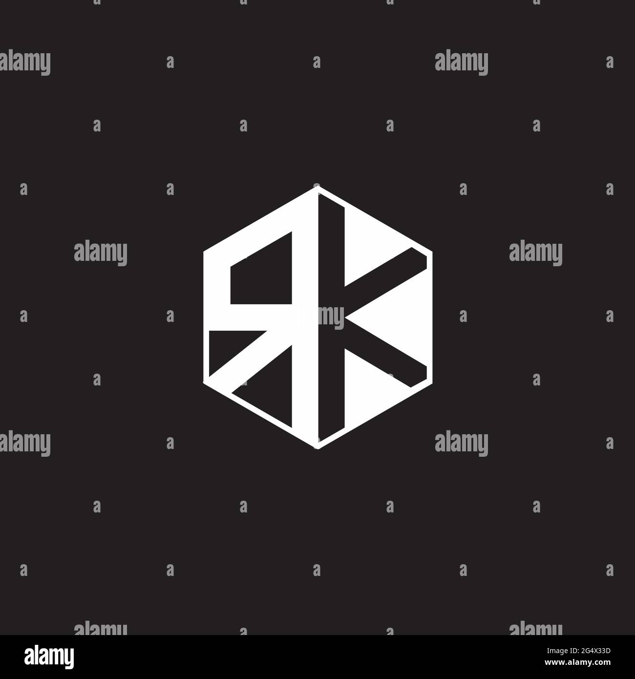 RK R K KR Logo monogram hexagon with black background negative space style Stock Vector