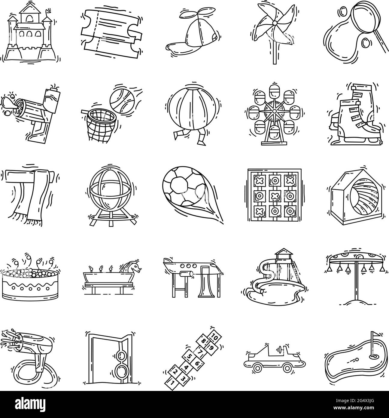 Playground kids icon set ,playing,children,kindergarten. hand drawn icon set, outline black, doodle icon, vector icon design. Stock Vector