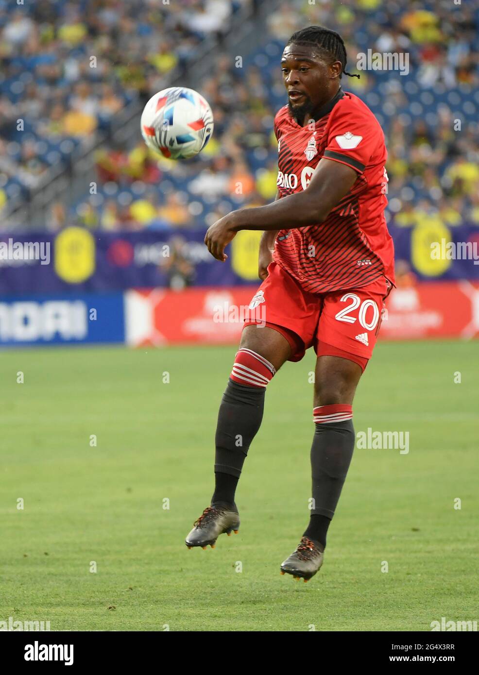 Nashville Usa June 23 21 Toronto Fc Forward Ayo Akinola Traps The Ball Against The Nashville Sc During The First Half Of An Mls Game Between Toronto Cf And The Nashville