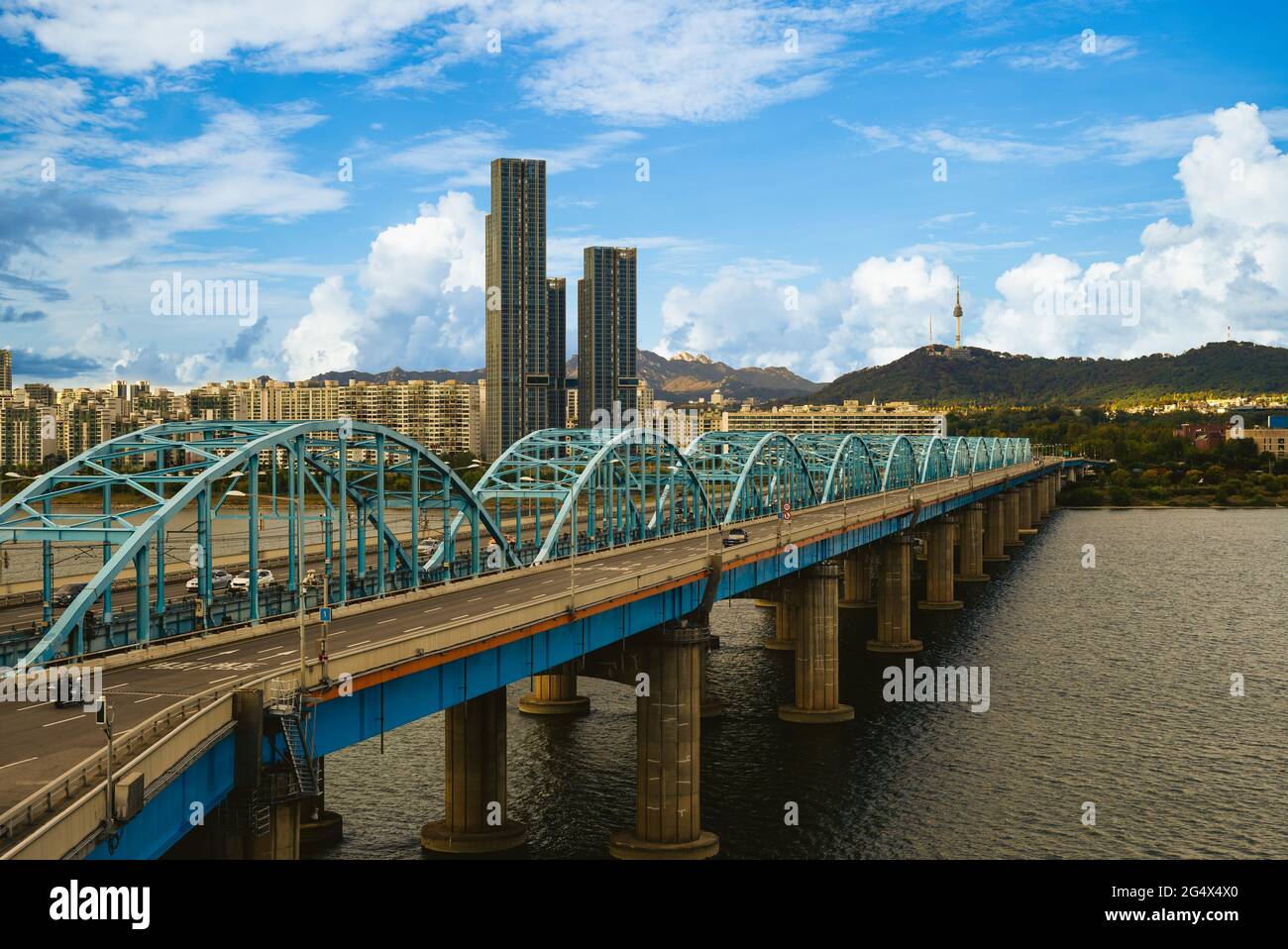 seoul tower and dongjak bridge over han river in seoul, south korea Stock Photo