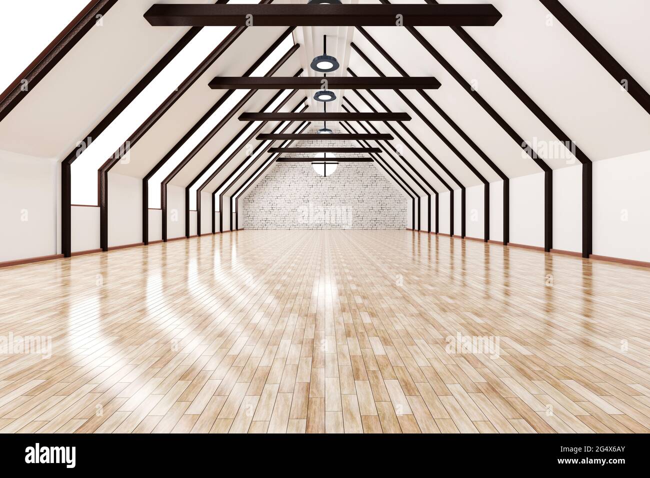 Three dimensional render of empty attic with shiny wooden floor Stock Photo