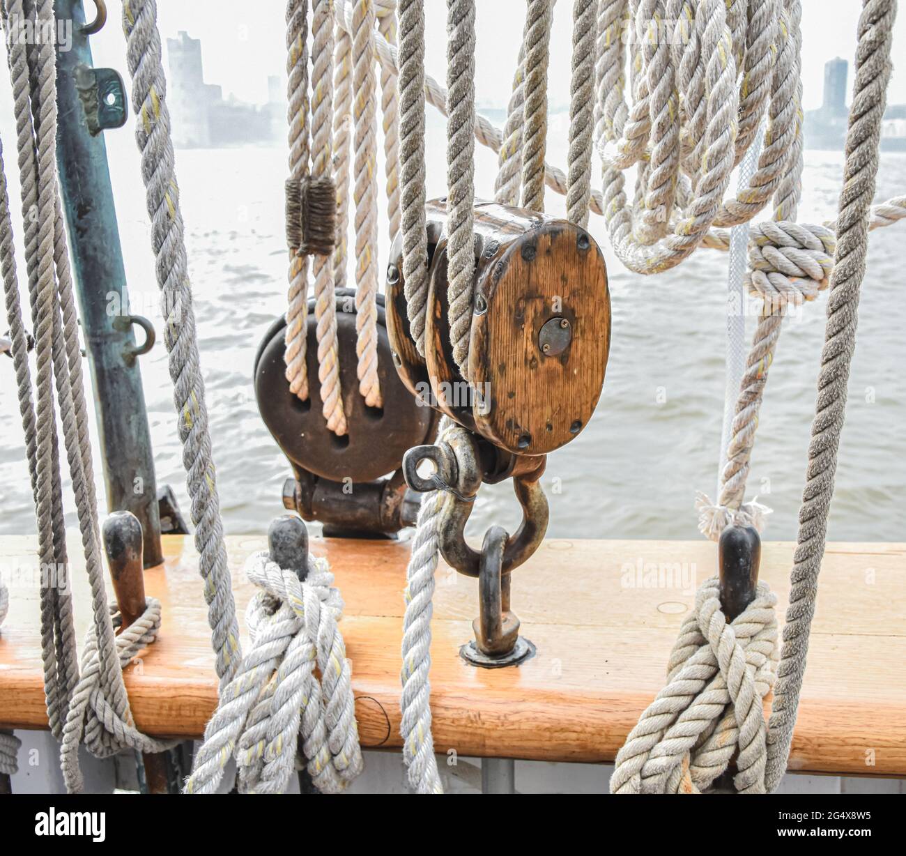 An area for rigging on an old sailing ship. Stock Photo