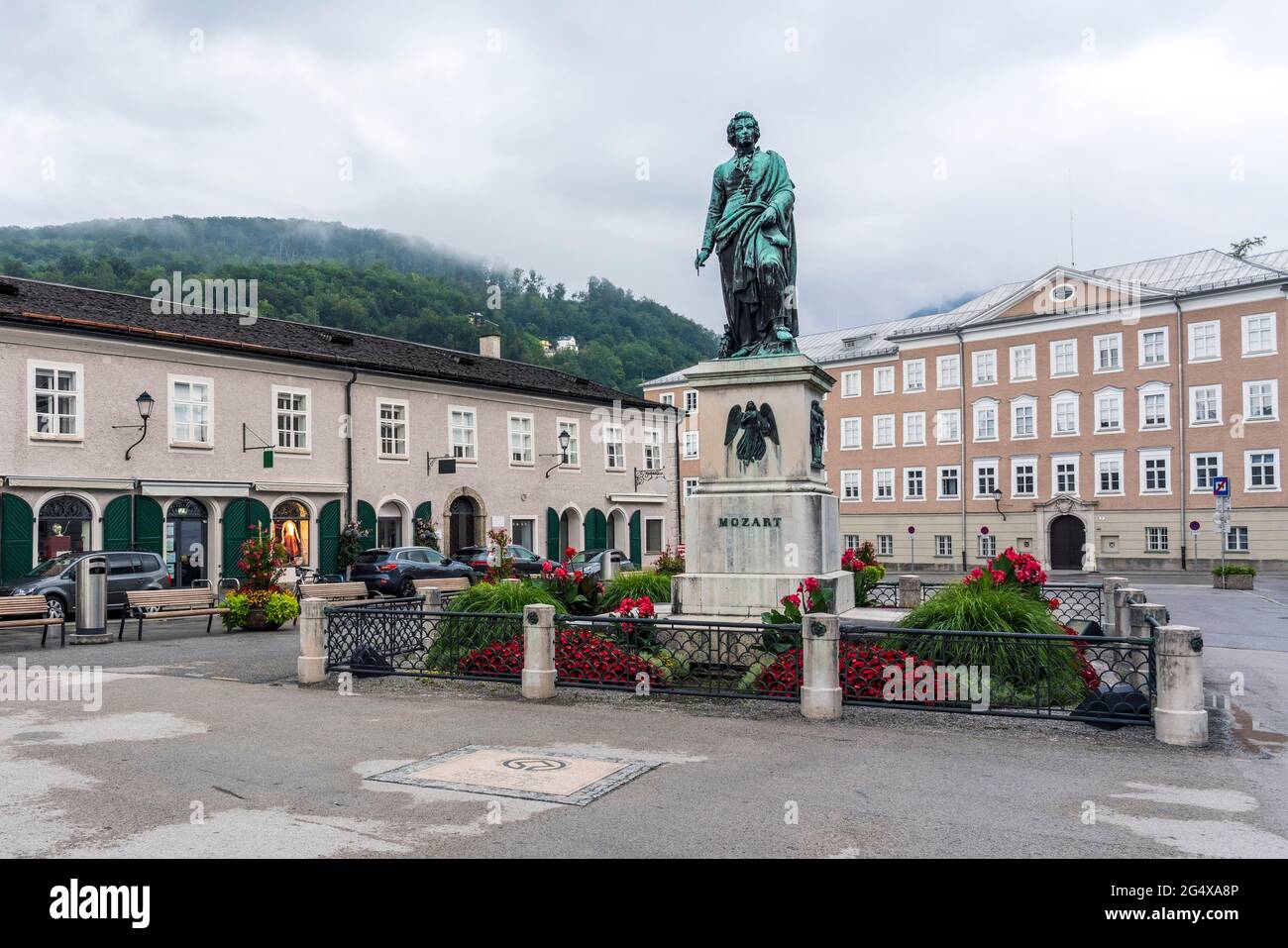 Austria, Salzburg State, Salzburg, Statue of Wolfgang Amadeus Mozart Stock Photo