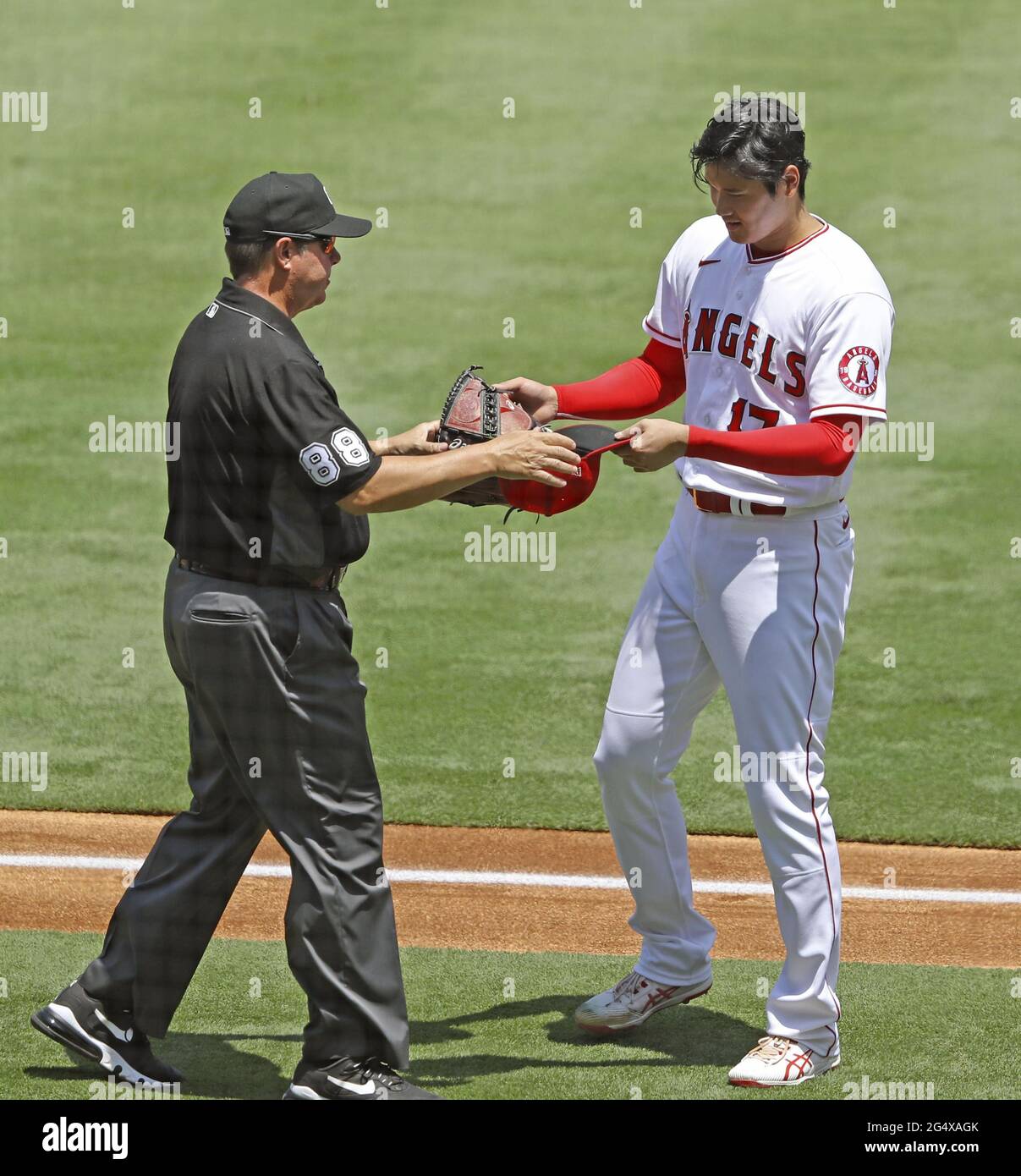 Anaheim, USA. June 23, 2021 An umpire checks Los Angeles Angels