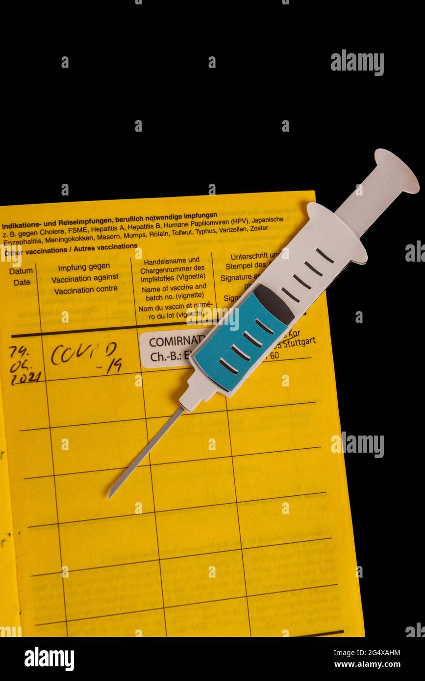 Immunization certificateÂ and 2D paper cutout of filled syringe Stock Photo