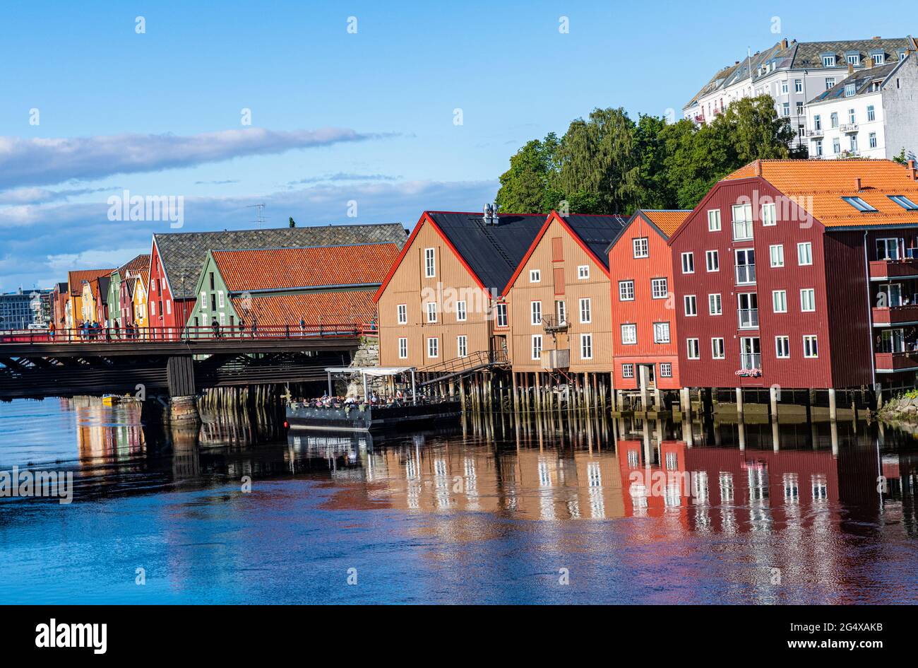 Norway, Trondelag, Trondheim, Nidelva river and old waterfront storehouses Stock Photo