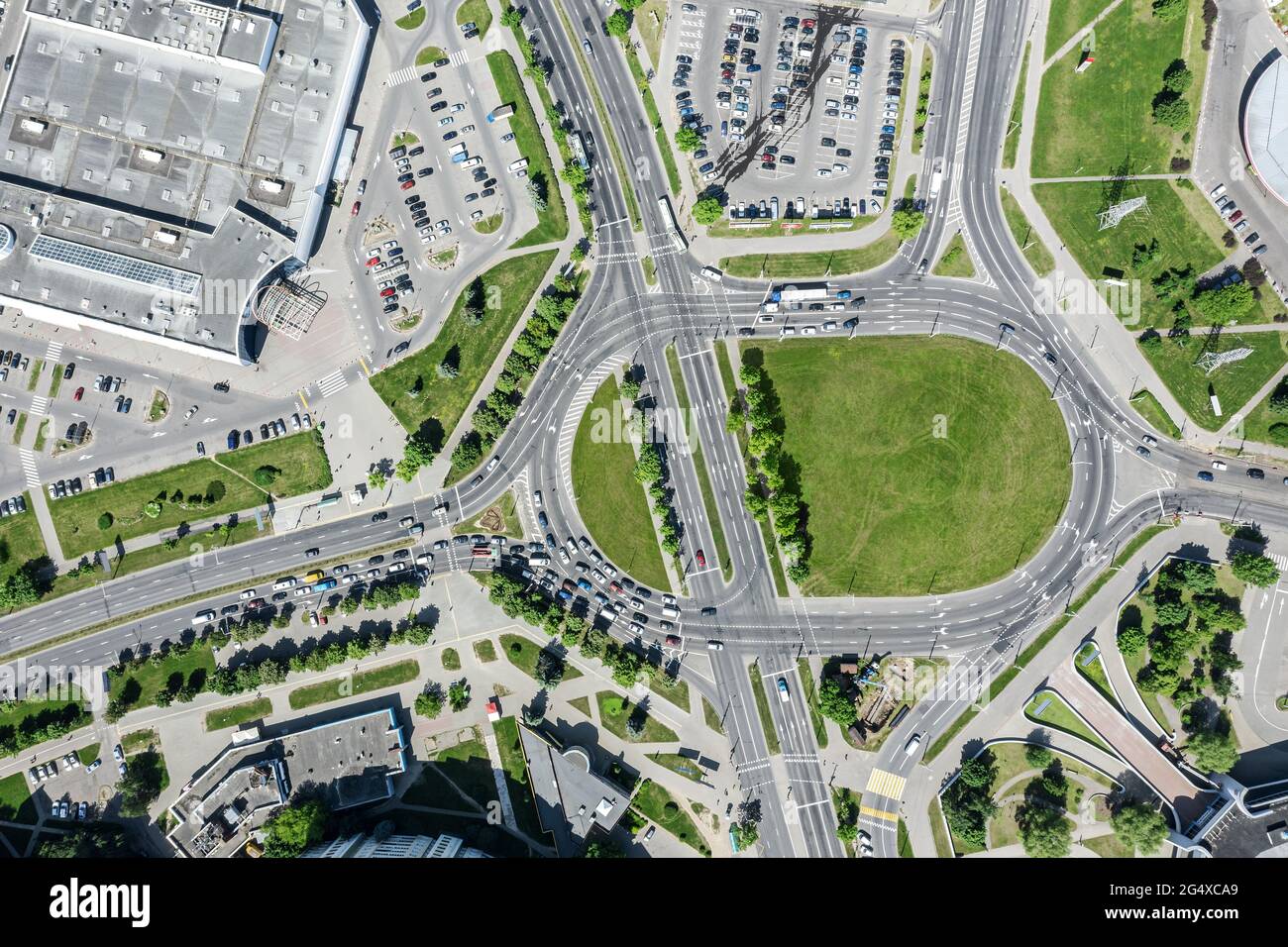 road junction with roundabout. safe infrastructure solution for busy traffic intersection. aerial view Stock Photo