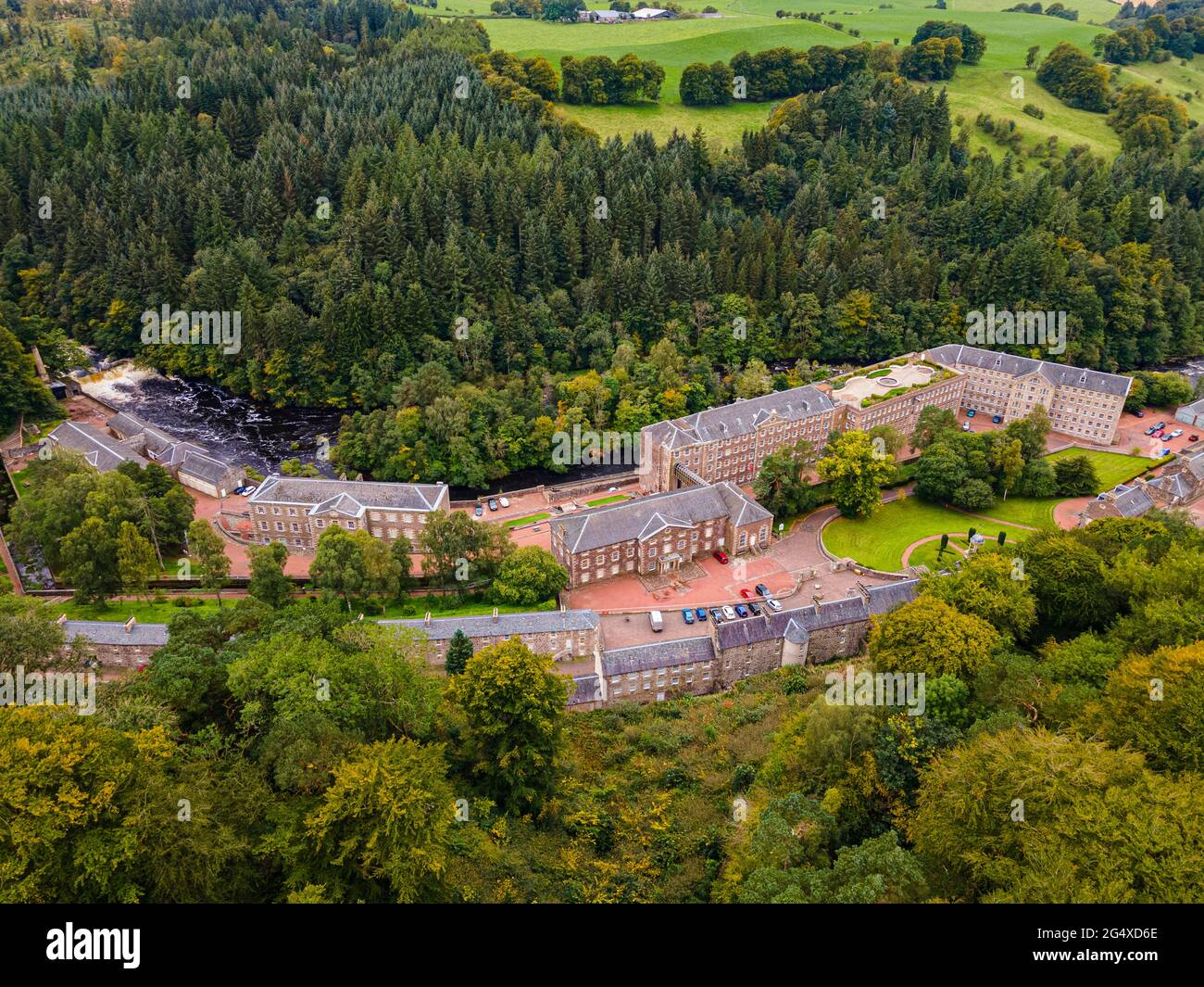 UK, Scotland, New Lanark, Aerial view of historical village on River Clyde Stock Photo