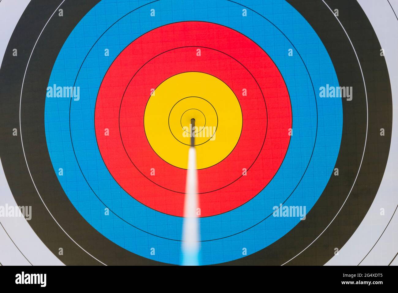 Archery target with arrow in bull's eye Stock Photo