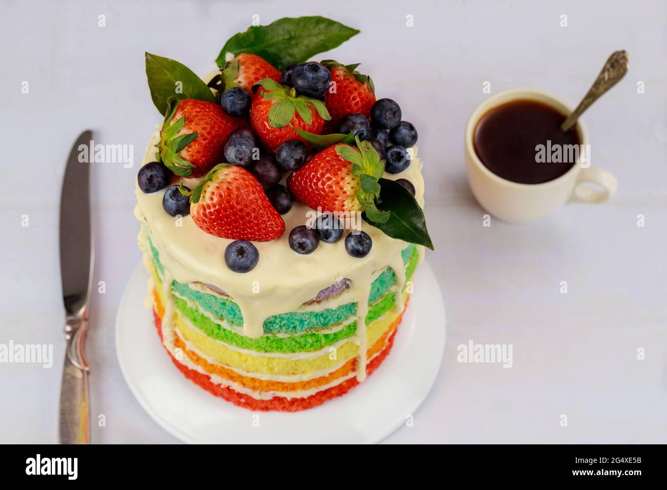 Multicolored sponge cake decorated with fresh berries. Stock Photo