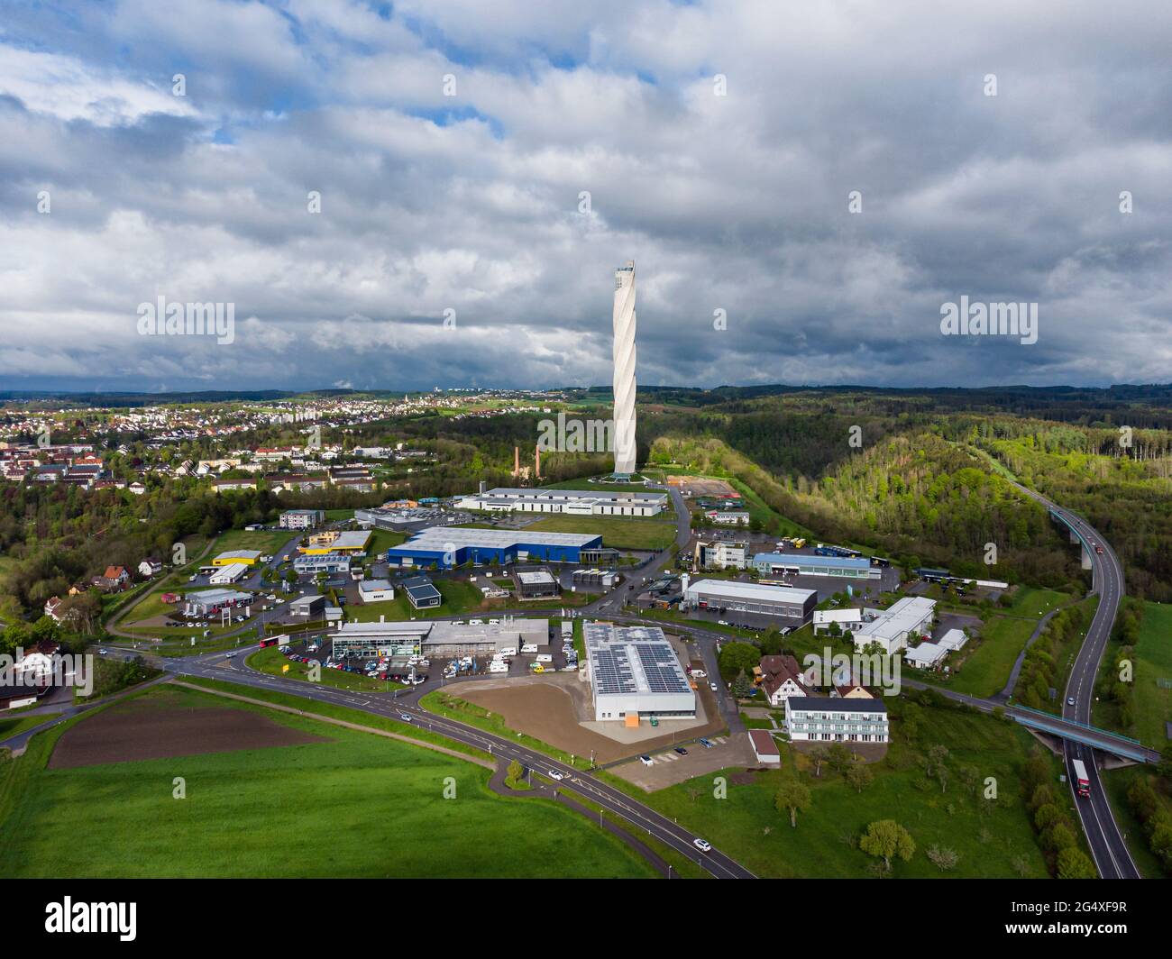 Germany, Baden-Wurttemberg, Rottweil, Aerial view of cloudy sky over Rottweil Test Tower and elevator research campus Stock Photo