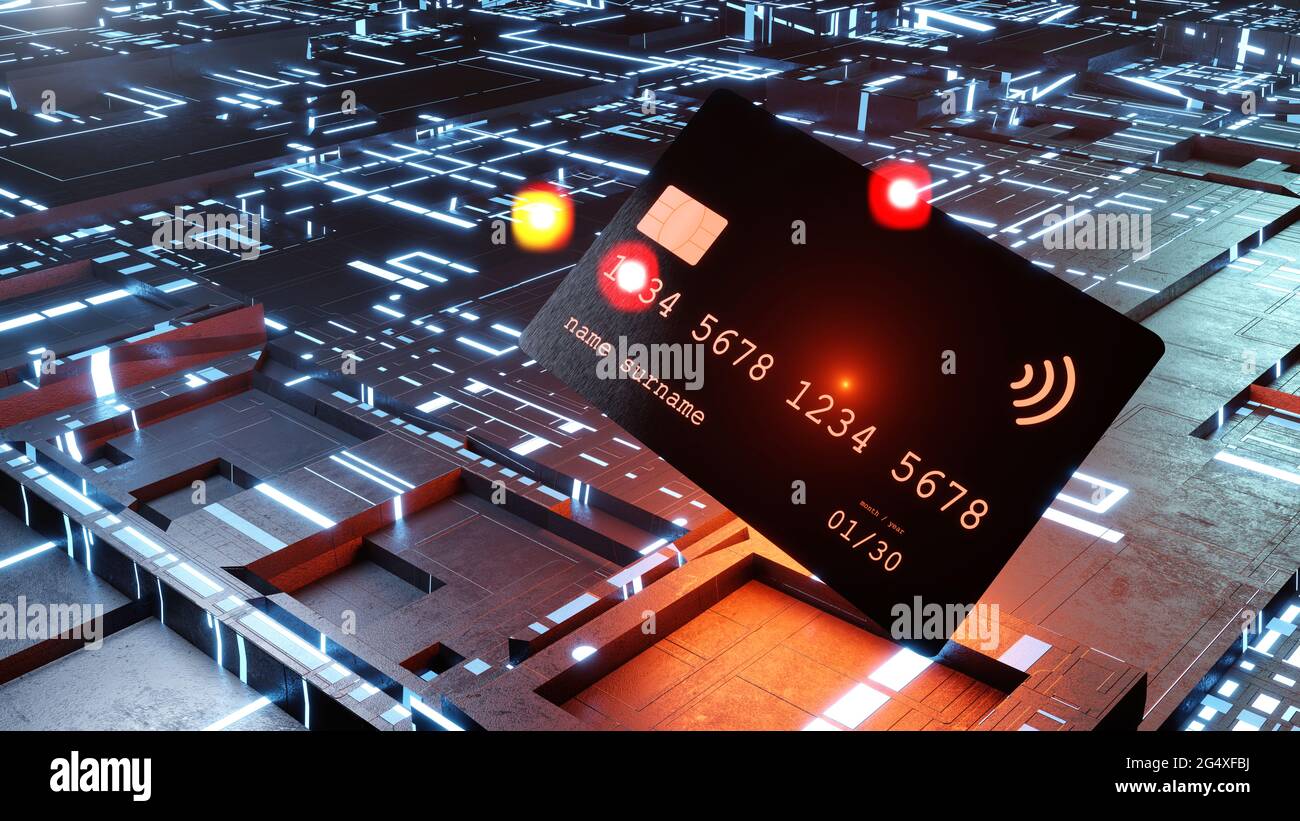 Three dimensional render of credit card floating against electronic background Stock Photo